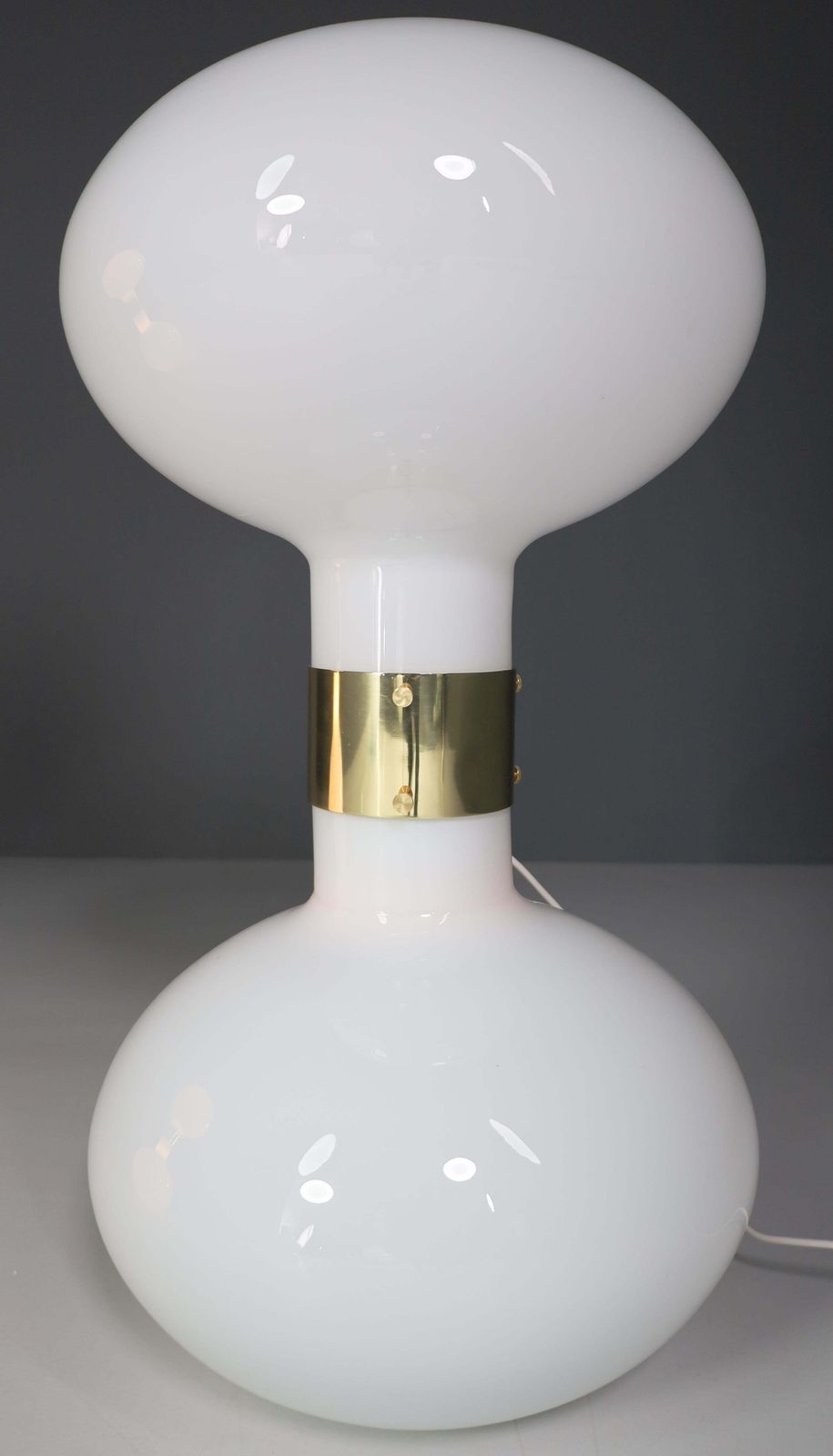 photo furniture Pair Of Two Brass And Opaline Glass Floor Table Lamps, Italy 1970s