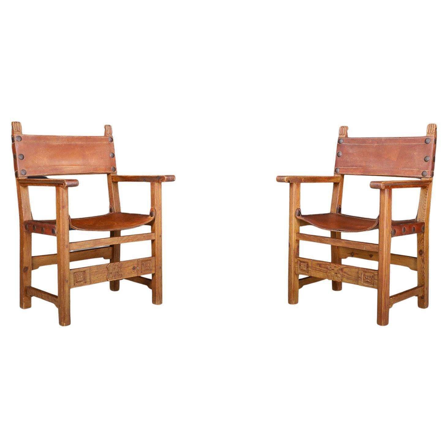 Provincial Mid Century Armchairs In Patinated Cognac Saddle Leather, France 1950