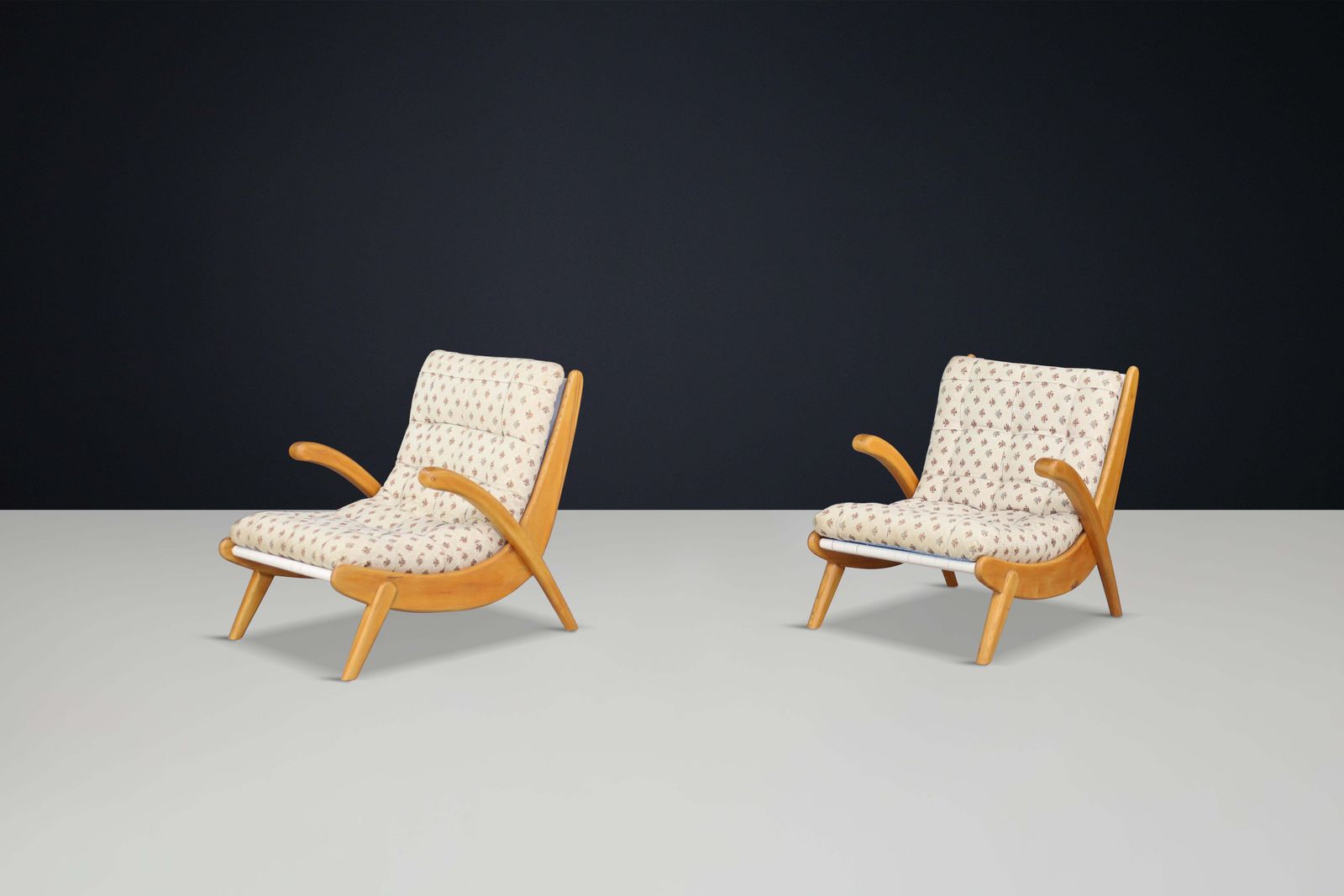 photo furniture Jan Vanek's Curved Easy Chairs Curved Oak, Canvas And Original Upholstery 1950
