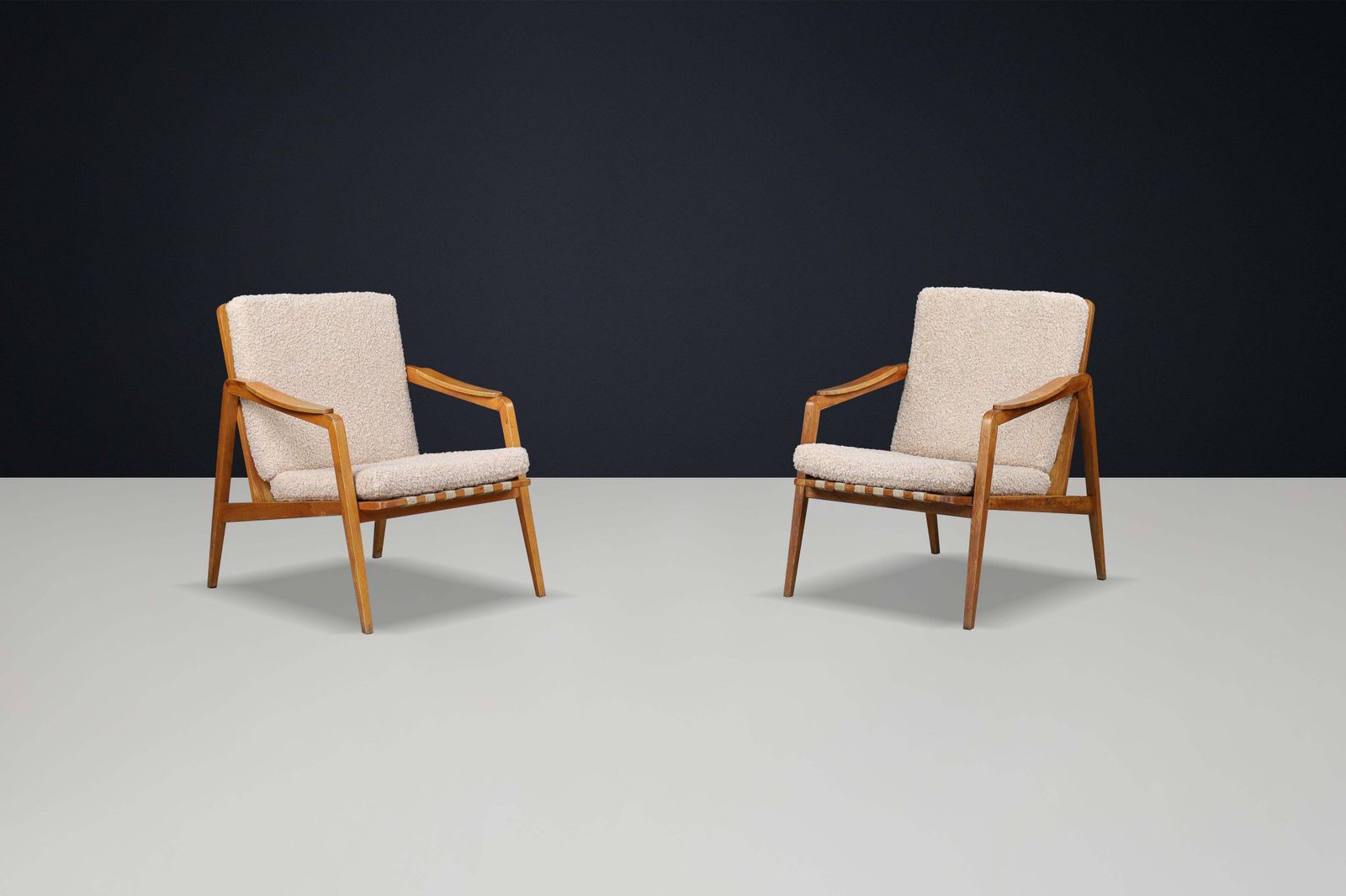 Pair Of Mid Century Lounge Chairs In French Ash With New Teddy Upholstery, 1960s photo furniture