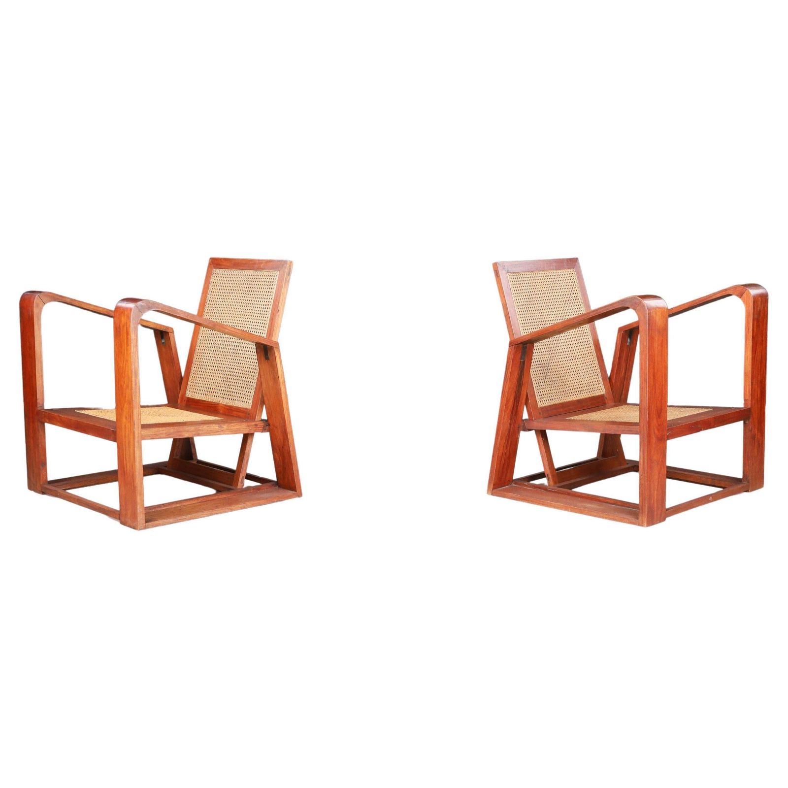 Mid Century Teak And Cane Lounge Chairs From France, 1950s