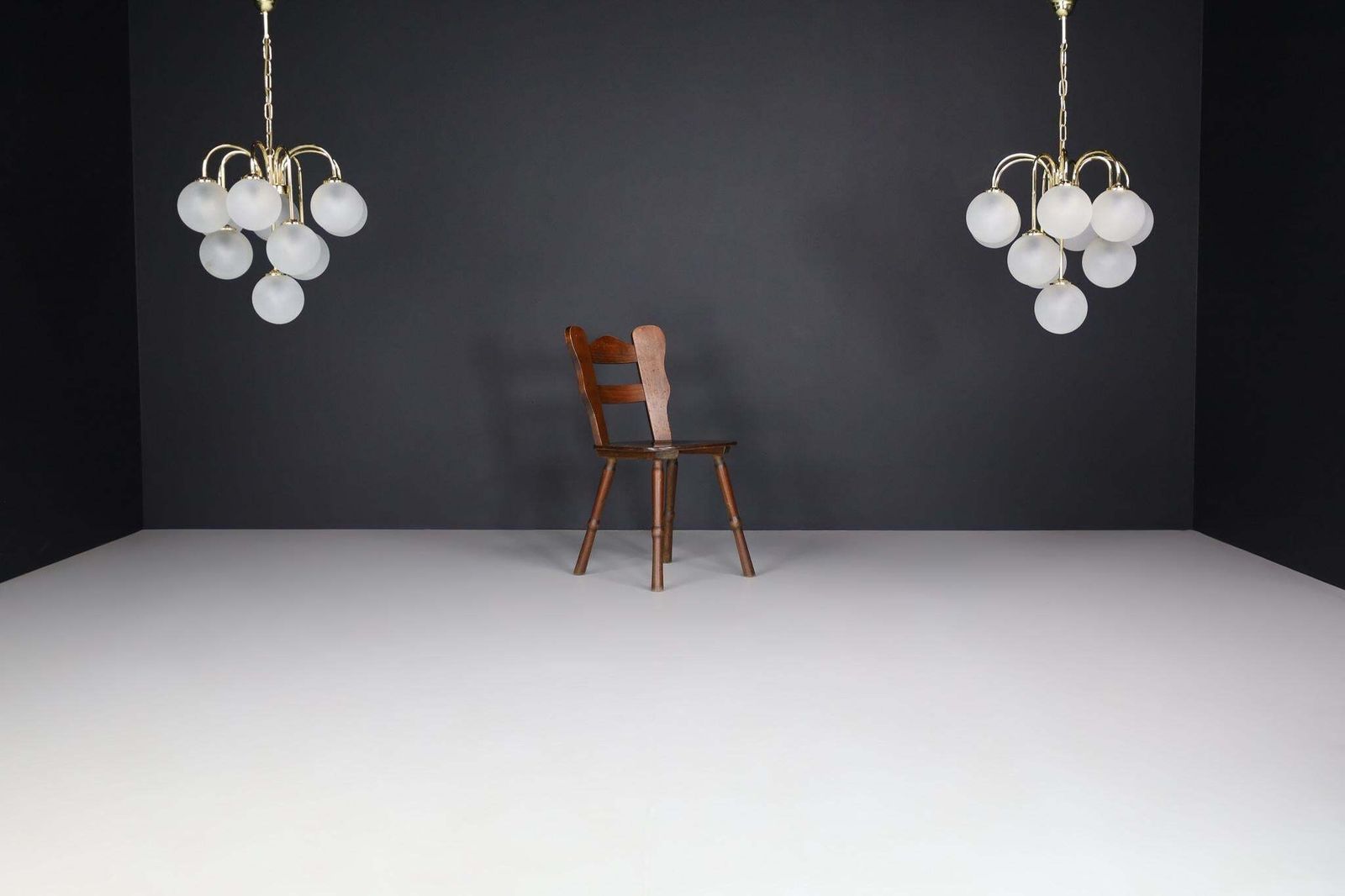 photo furniture Chandelier In Frosted Hand Blown Glass Globes & Brass, Italy, 1970s