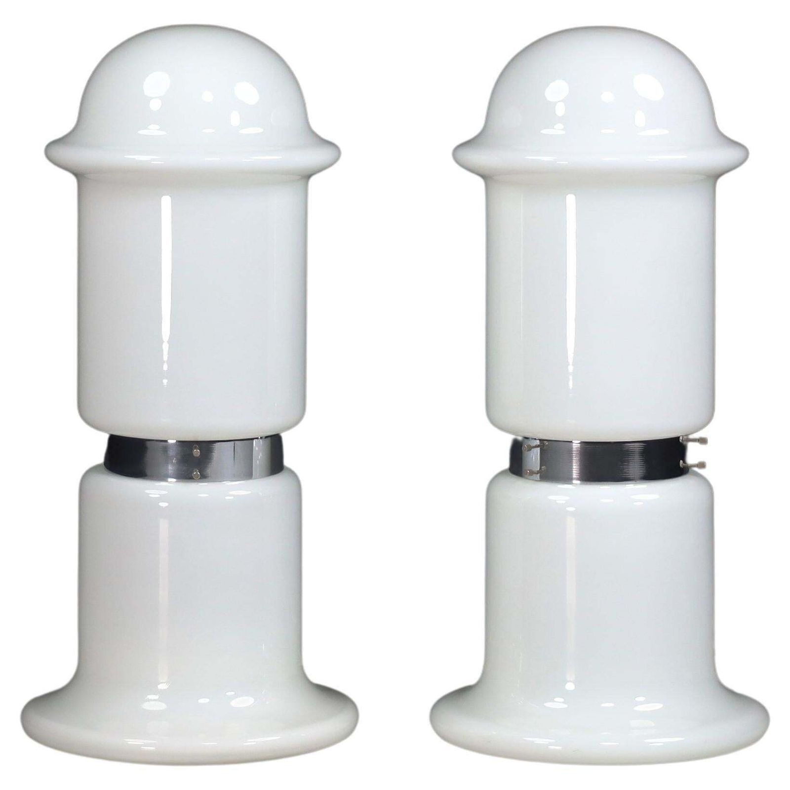 Pair Of Two Chrome And Opaline Glass Floor Table Lamps, Italy, 1970s