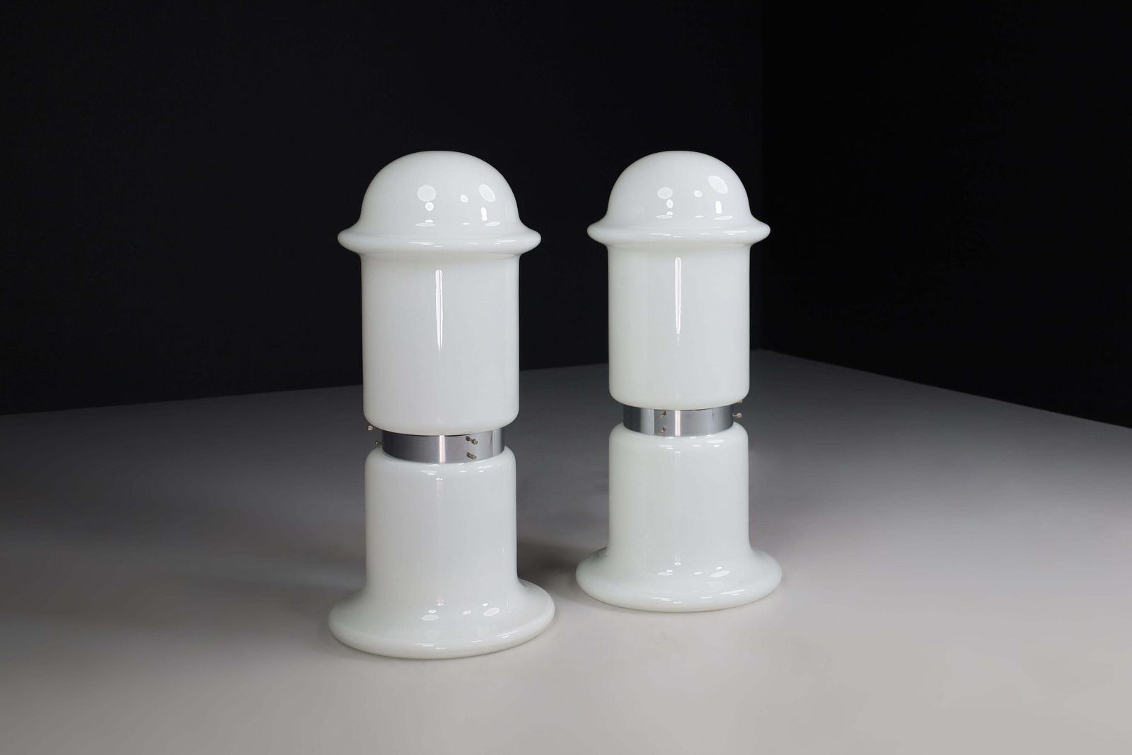 Pair Of Two Chrome And Opaline Glass Floor Table Lamps, Italy, 1970s photo furniture