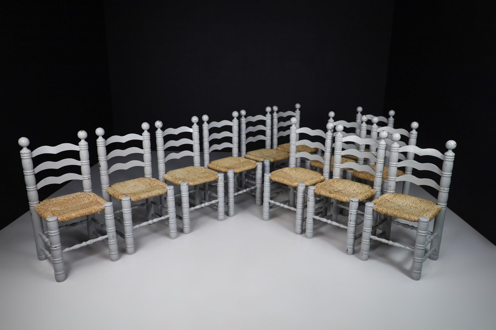 Set Of 12 Painted Oak And Rush Turned Chairs By Charles Dudouyt, France 1940 photo buy