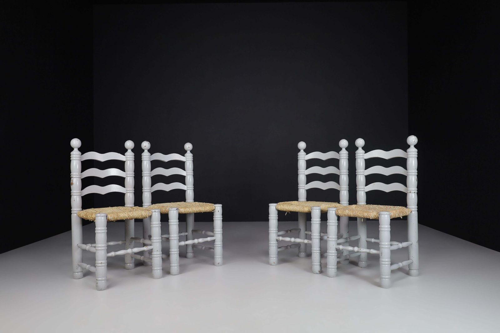 7200.0 Set Of 12 Painted Oak And Rush Turned Chairs By Charles Dudouyt, France 1940 photo