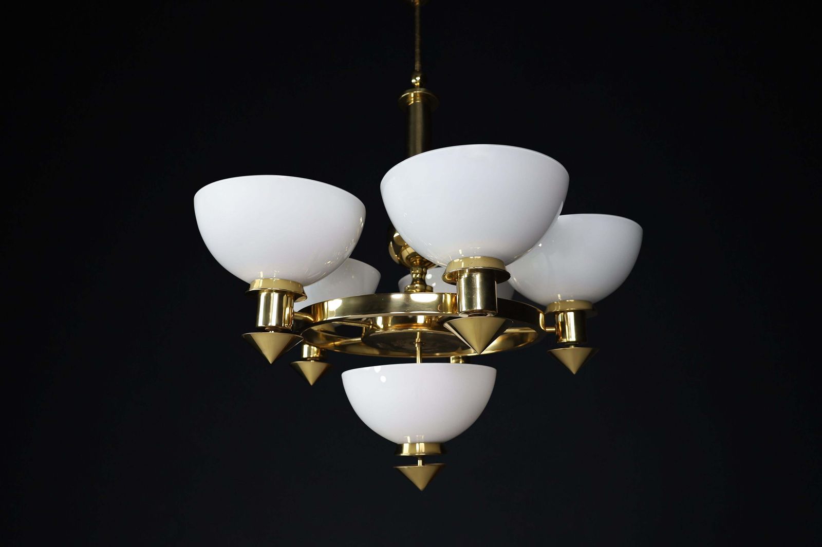 photo furniture Sculptural Italian Chandelier In Brass & White Opaline Glass, 1970s 12 Available