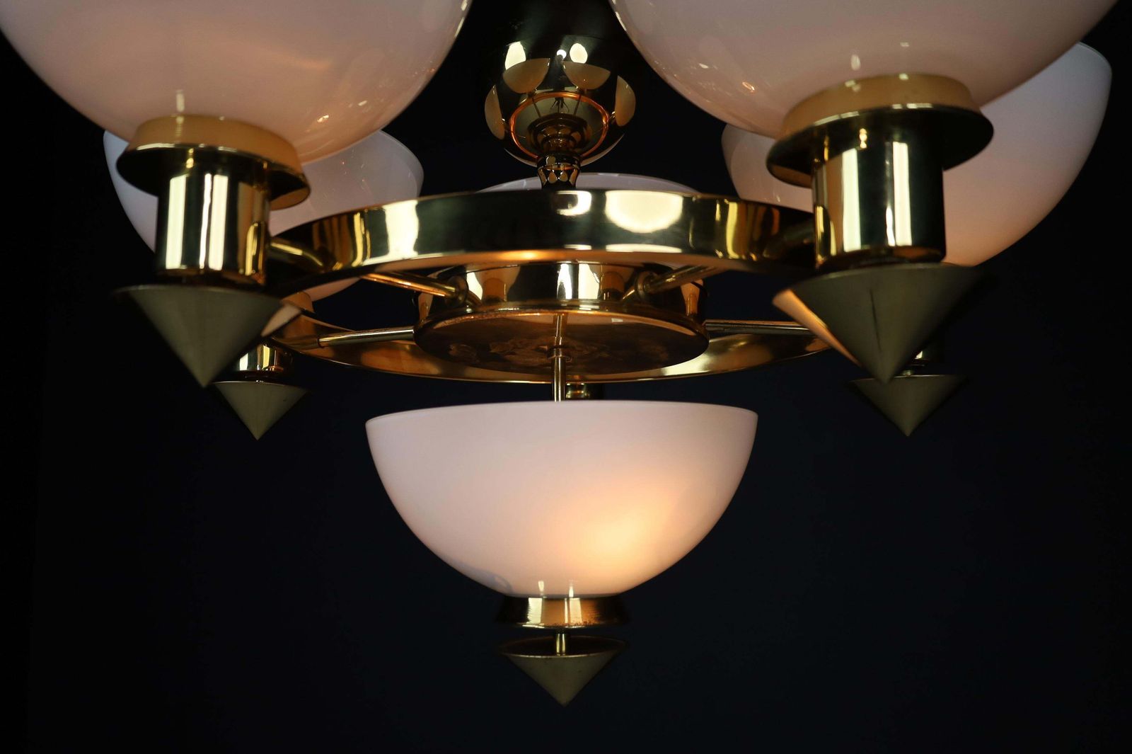 photo vintage Sculptural Italian Chandelier In Brass & White Opaline Glass, 1970s 12 Available