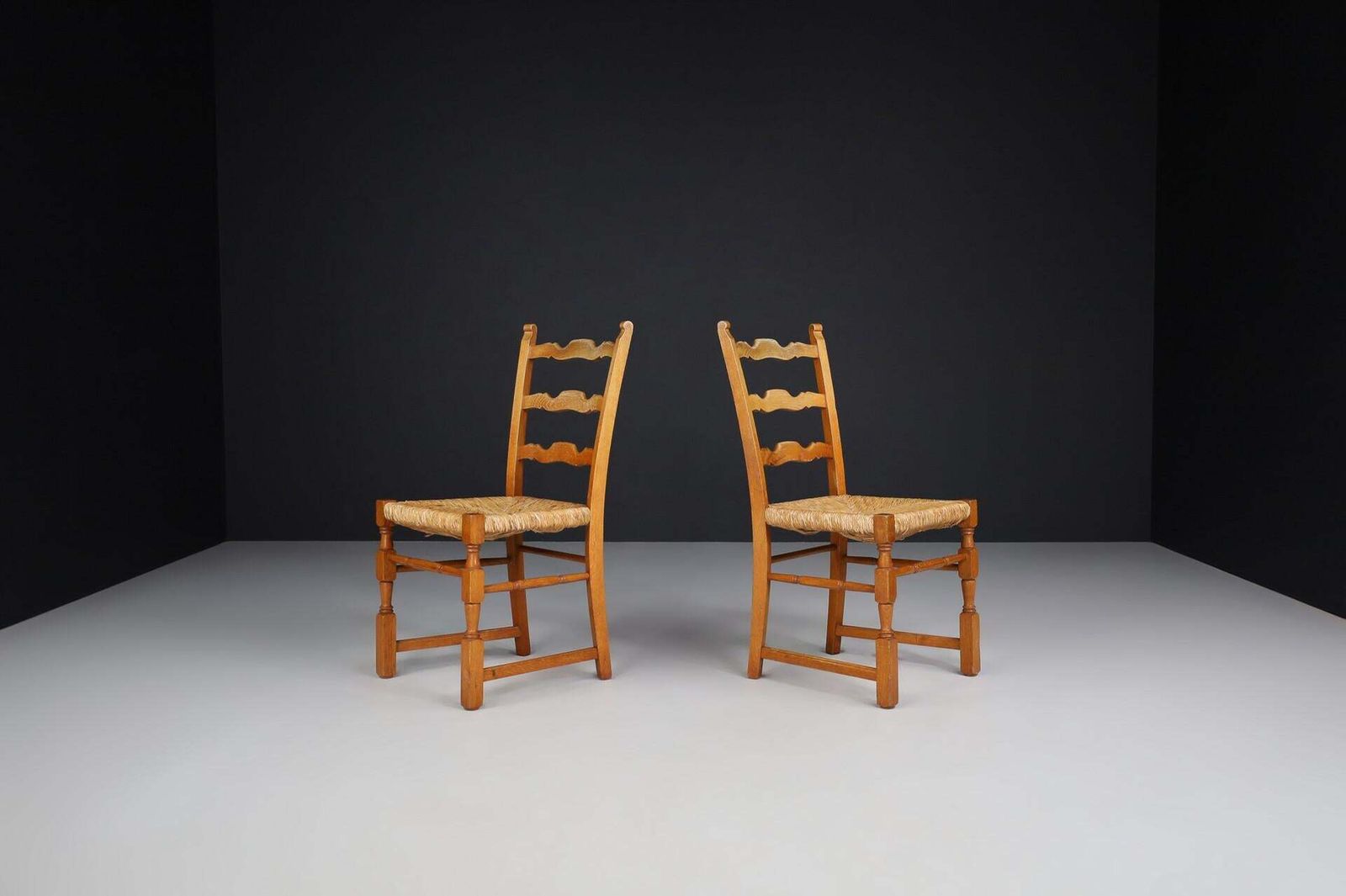Pair Of French Provincial Oak And Rush Chairs, France, 1960s photo Furniture
