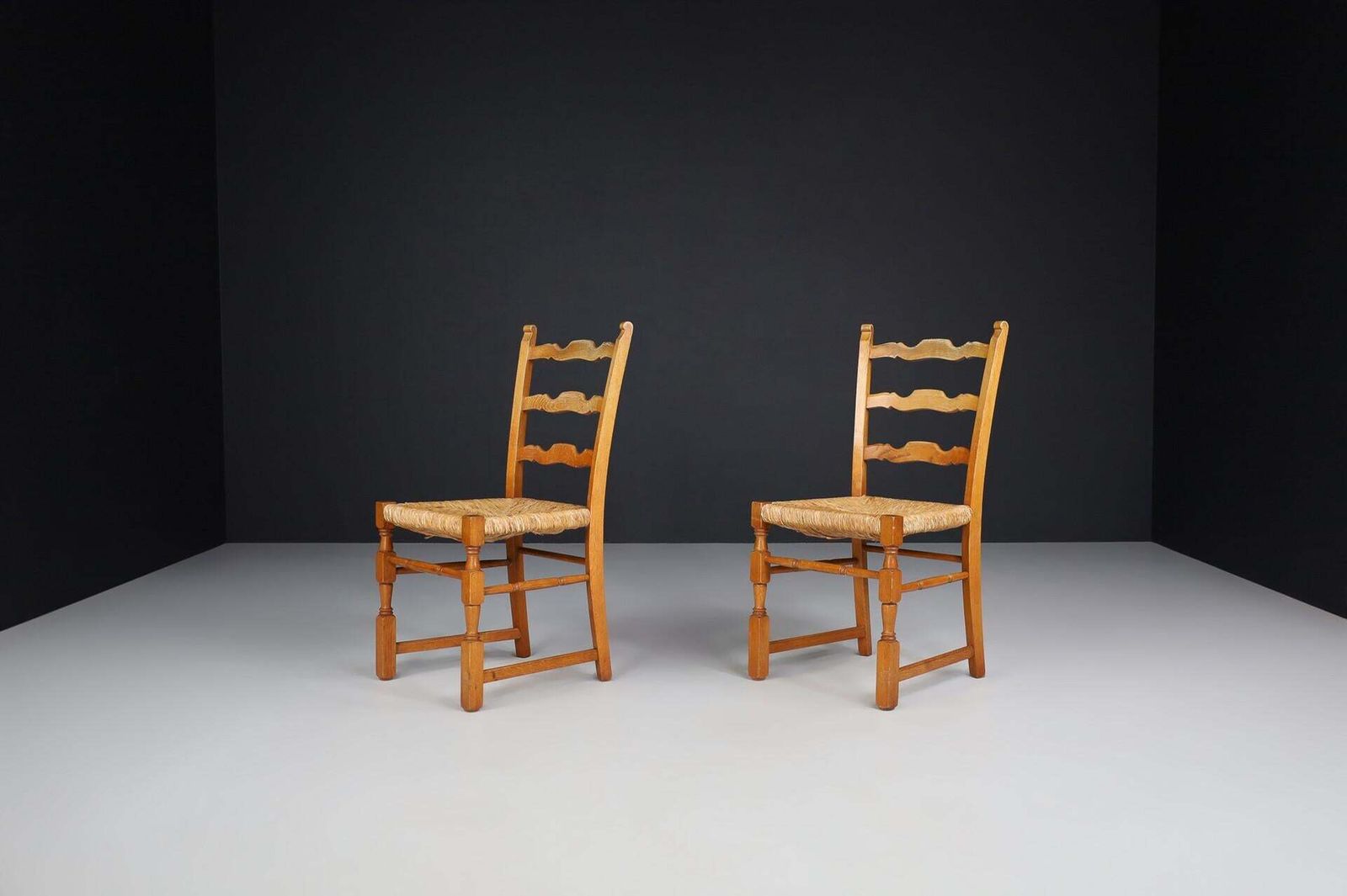 Pair Of French Provincial Oak And Rush Chairs, France, 1960s photo vinterior
