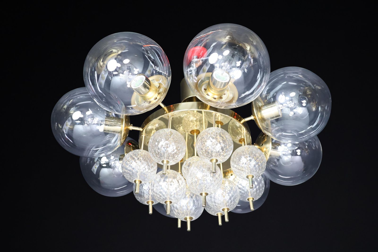 Large Mid Century Preciosa Chandelier Brass And Glass Globes Czechia 1960s photo furniture