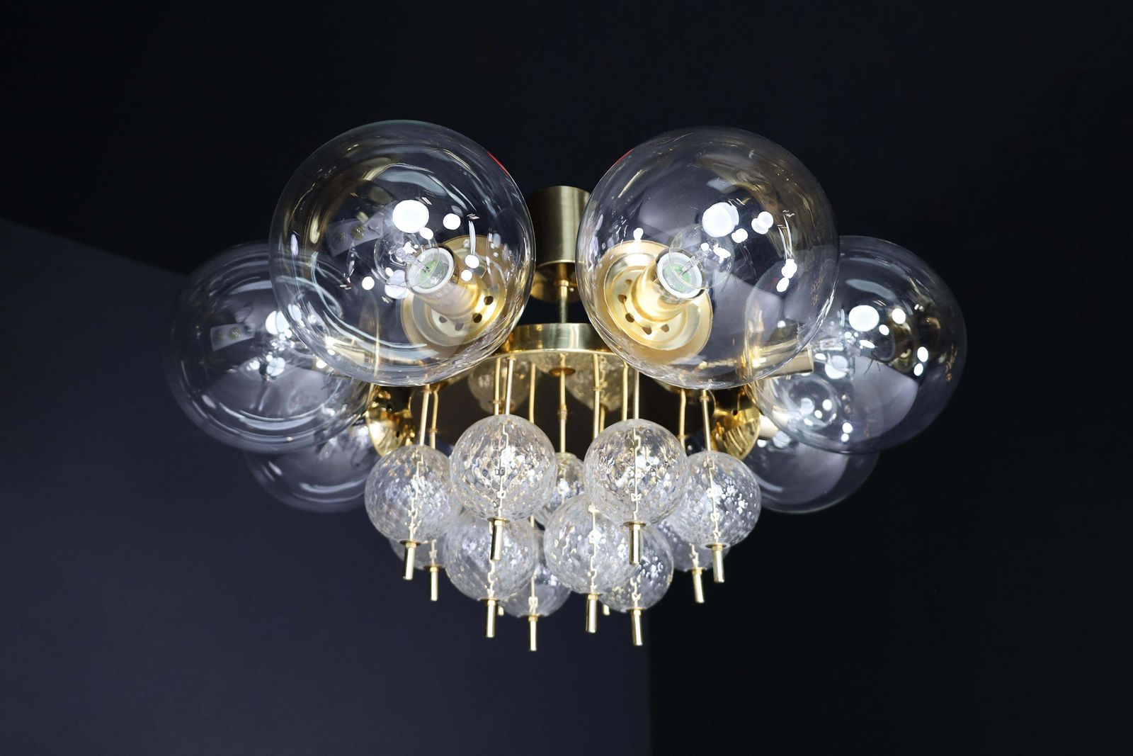 Large Mid Century Preciosa Chandelier Brass And Glass Globes Czechia 1960s photo for sale