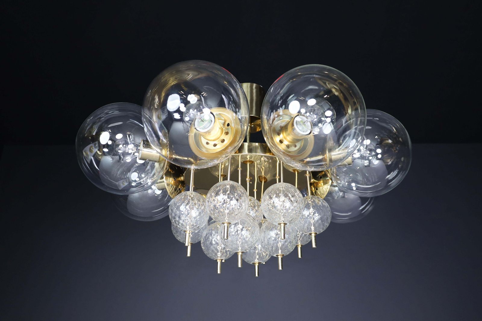 Large Mid Century Preciosa Chandelier Brass And Glass Globes Czechia 1960s photo vinterior