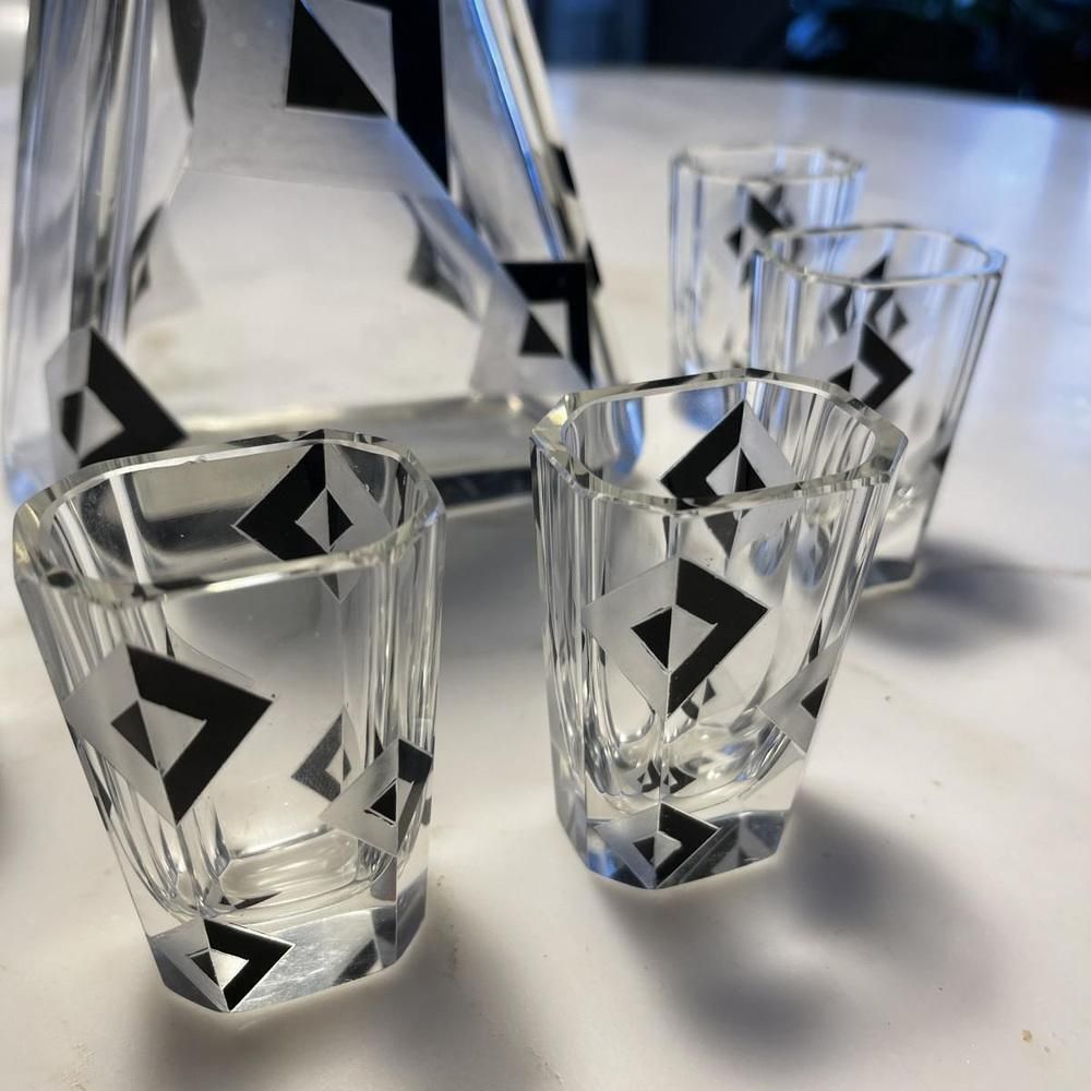 Art Deco Cubist Crystal Liqueur Service By Karl Palda, 1930s, Set Of 8 photo for sale
