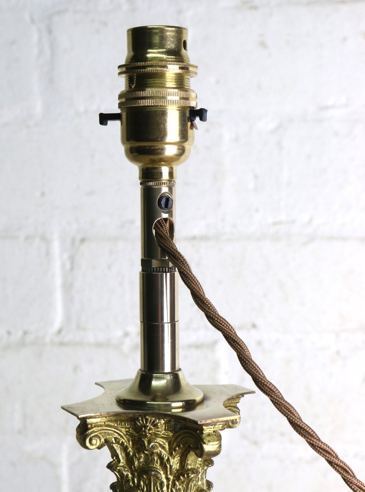 Lighting Table Lamp Corinthian Column Early 20th C. Brass Oil Lamp Conversion Round Base photo