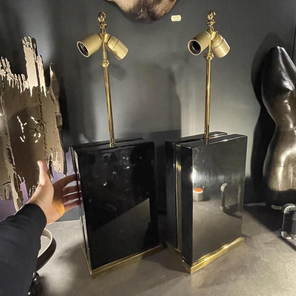Hollywood Regency Lamps In Black Lacquer And Brass, 1970s, Set Of 2 photo furniture
