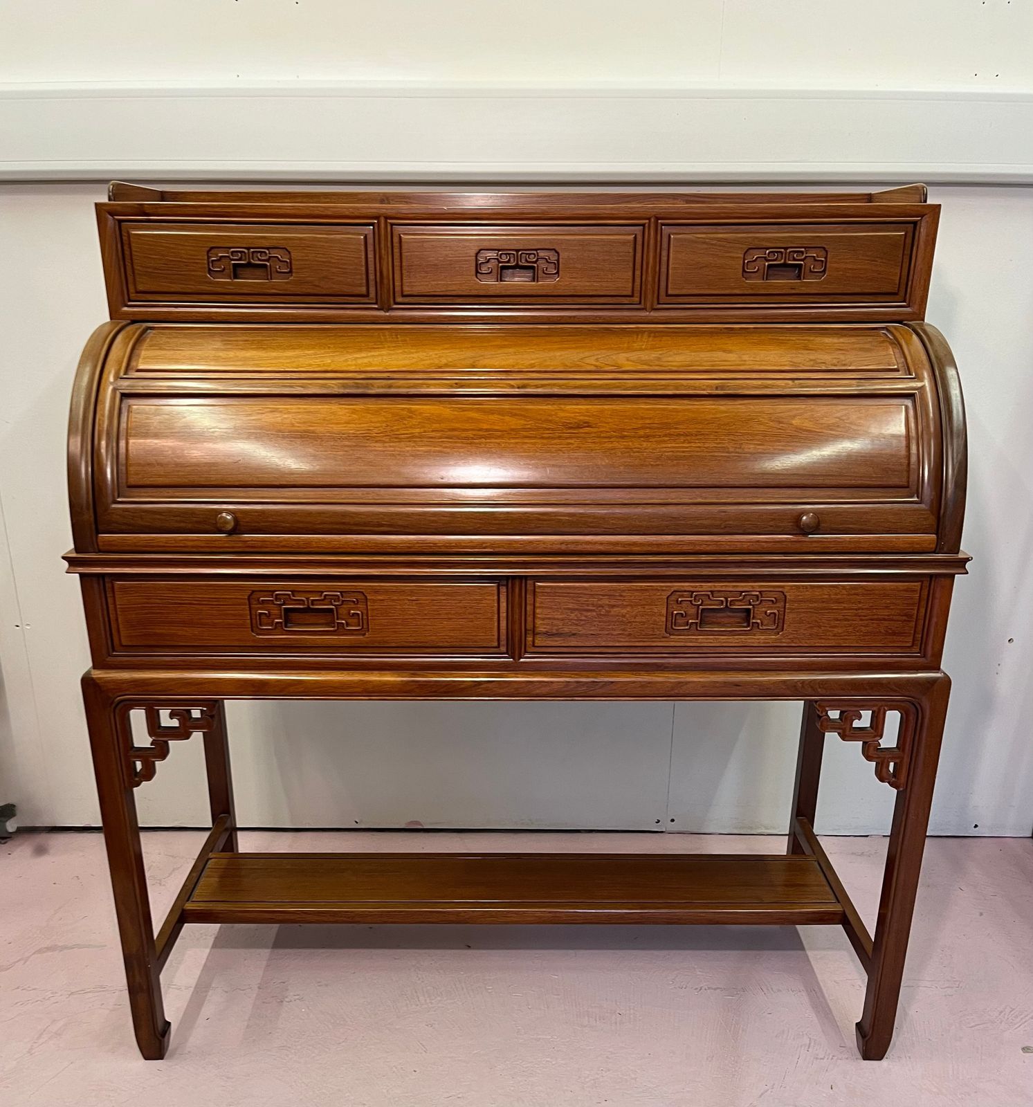 A Mid Century Chinese Hardwood Cylinder Bureau Desk