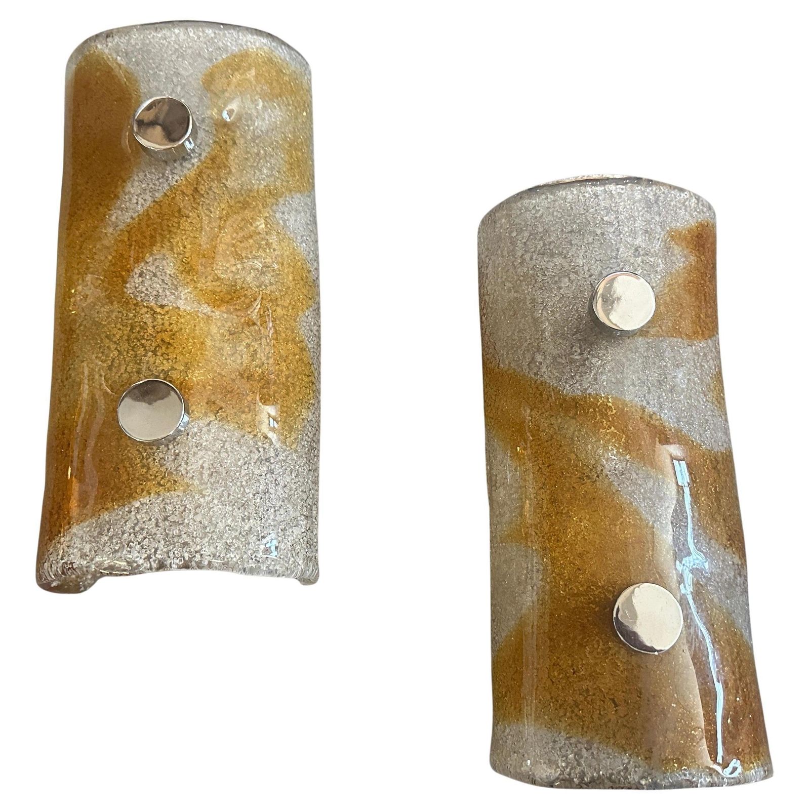 Two 1970s Space Age White And Brown Murano Glass And Steel Italian Wall Sconces photo furniture