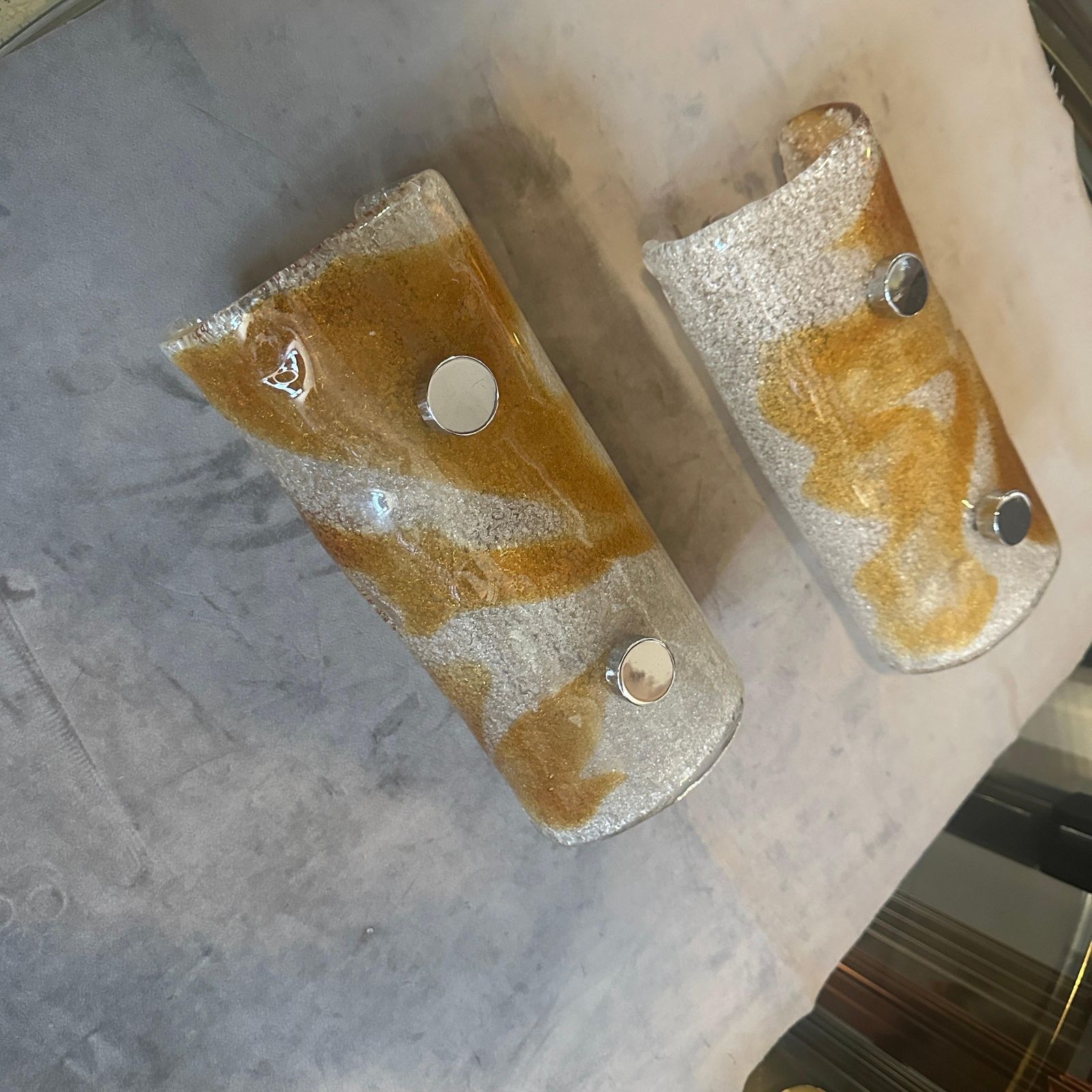 1465.0 Two 1970s Space Age White And Brown Murano Glass And Steel Italian Wall Sconces photo