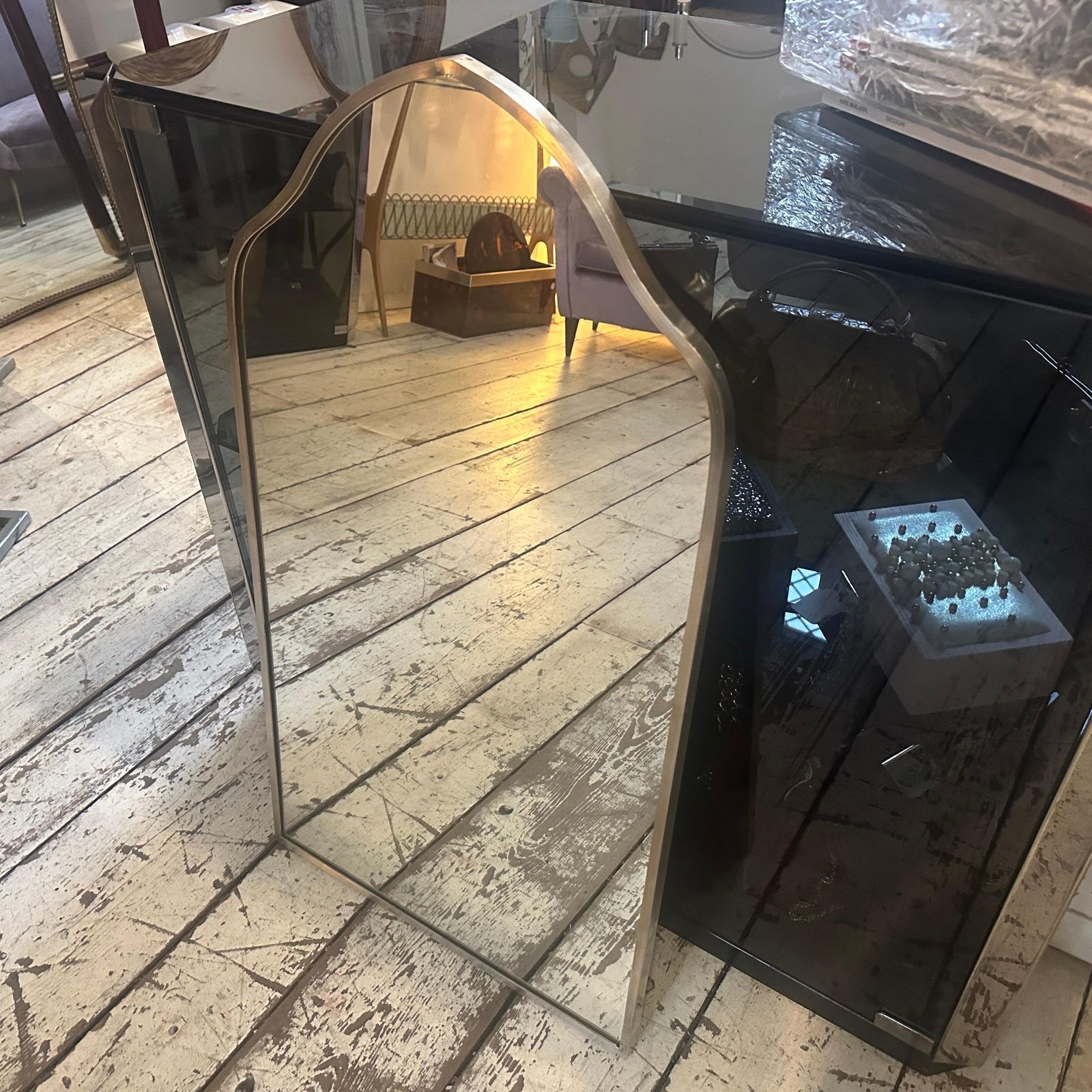 1950s Gio Ponti Style Mid Century Modern Brass Italian Wall Mirror photo vinterior