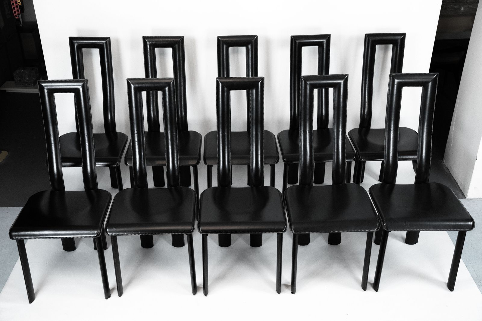 photo furniture Postmodern Set Of Ten Leather Dining Chairs By Antonello Mosca For Ycami. Italy 1980s