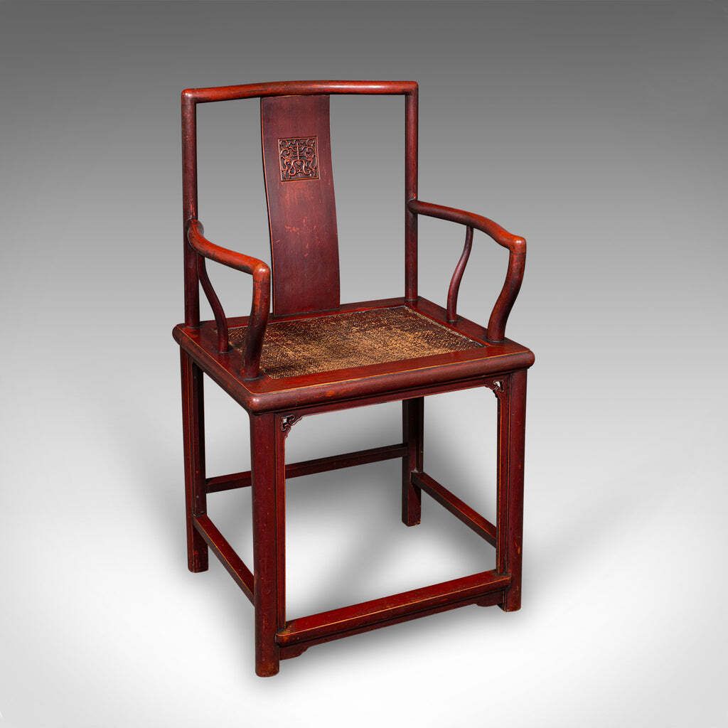 Pair Of Antique Side Chairs, Oriental, Lacquered, Elbow Seats, Cane, Victorian photo Furniture