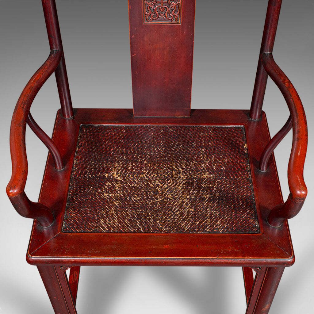Pair Of Antique Side Chairs, Oriental, Lacquered, Elbow Seats, Cane, Victorian photo vintage