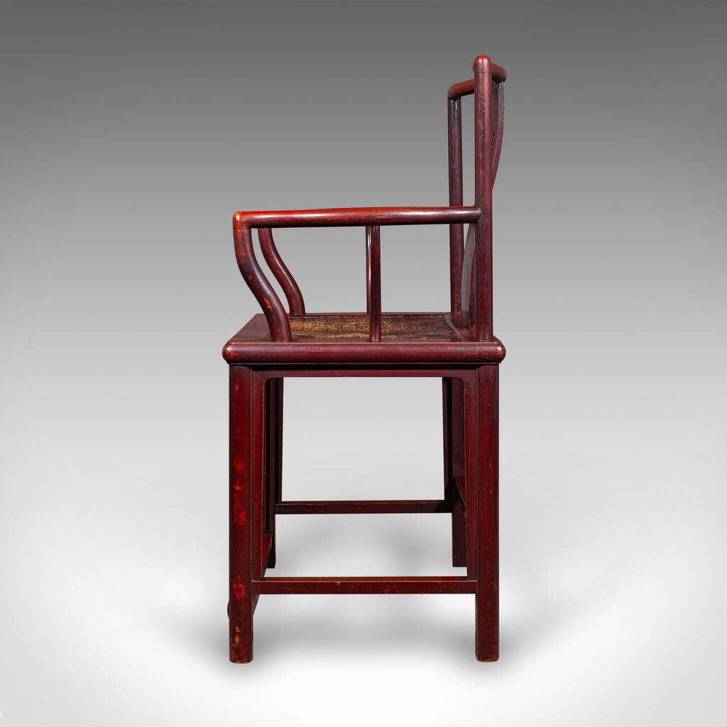 Furniture Pair Of Antique Side Chairs, Oriental, Lacquered, Elbow Seats, Cane, Victorian photo