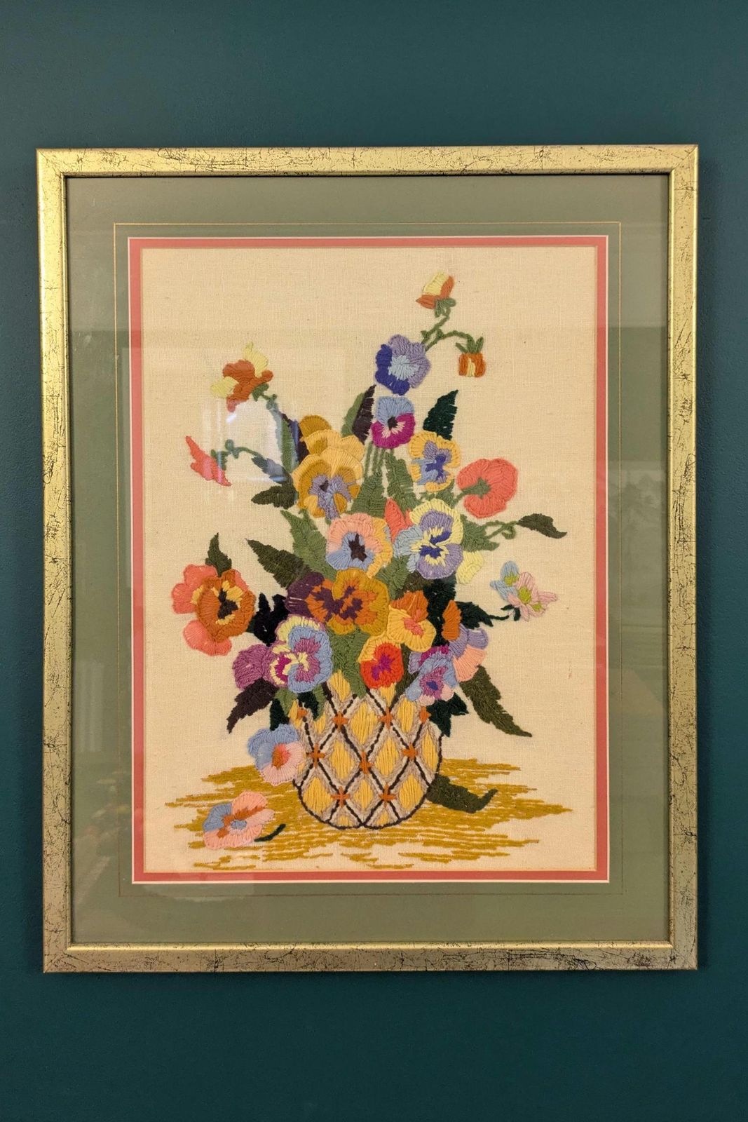 Vintage Needlepoint Flower Bouquet – Framed Embroidery Art (1985)