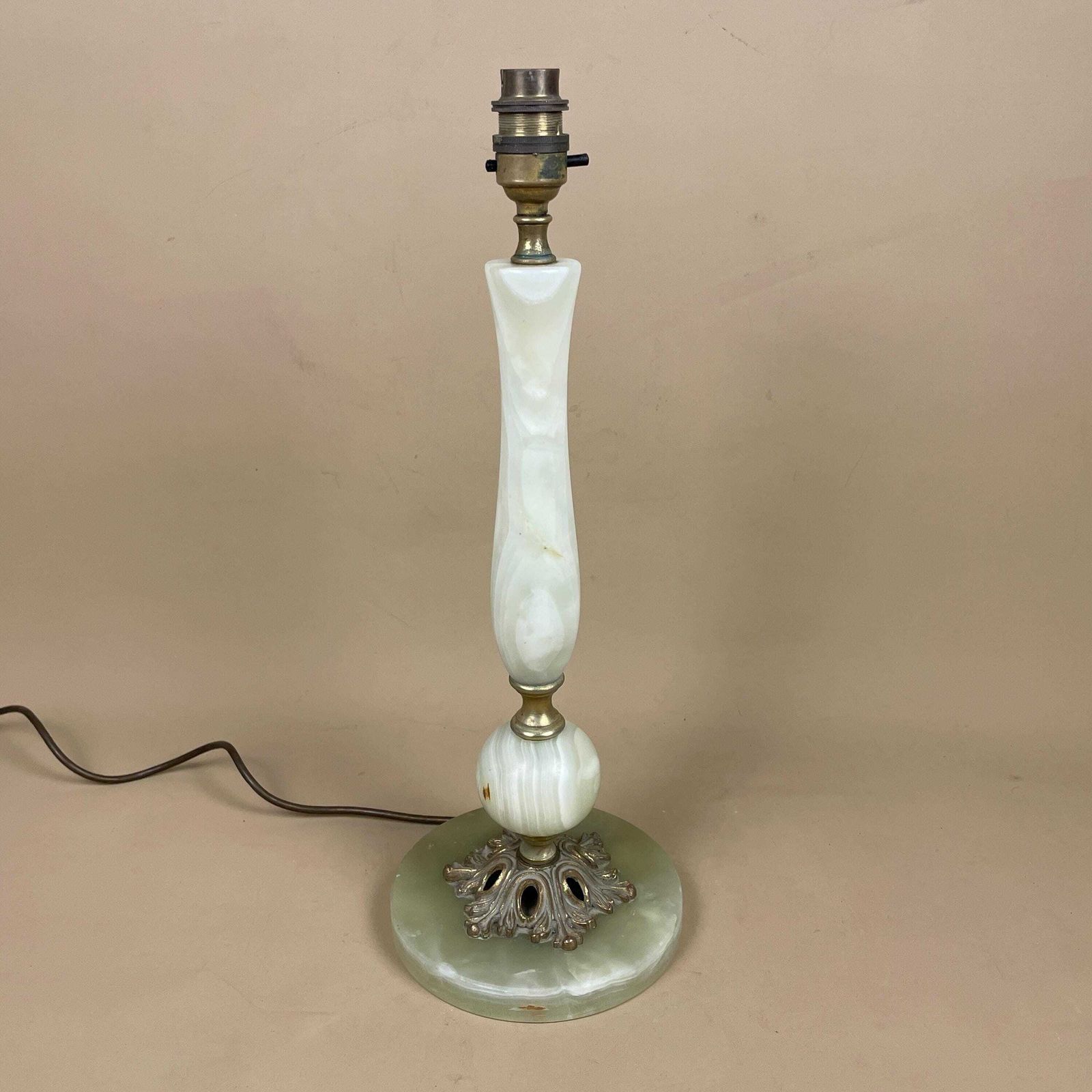 Antique Vintage Marble Stone Lamp Green Light Table Bedside Desk Lamp Colours Natural Patterns Ornate Round Base Onyx Brass Metal Gold photo for sale