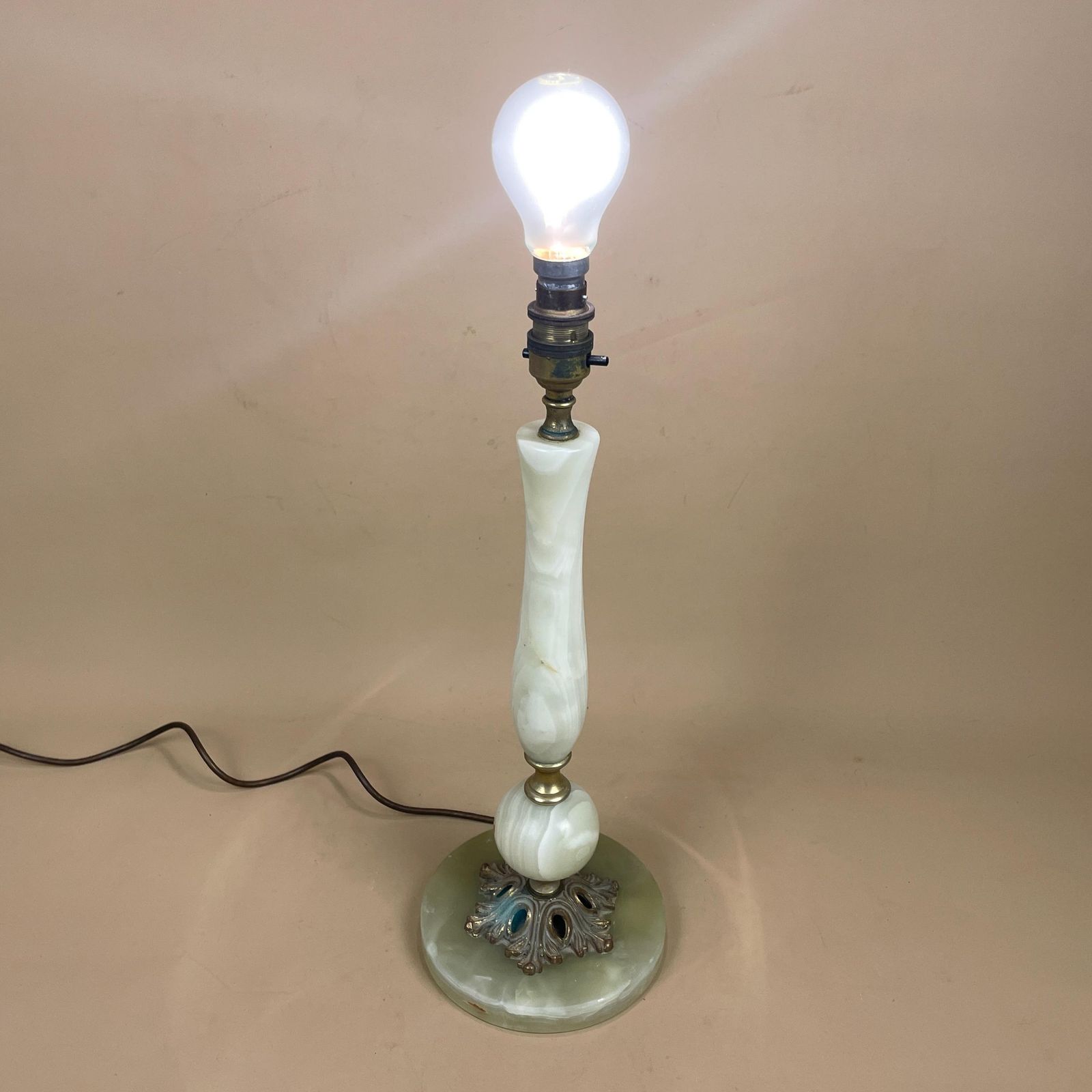89.0 Antique Vintage Marble Stone Lamp Green Light Table Bedside Desk Lamp Colours Natural Patterns Ornate Round Base Onyx Brass Metal Gold photo
