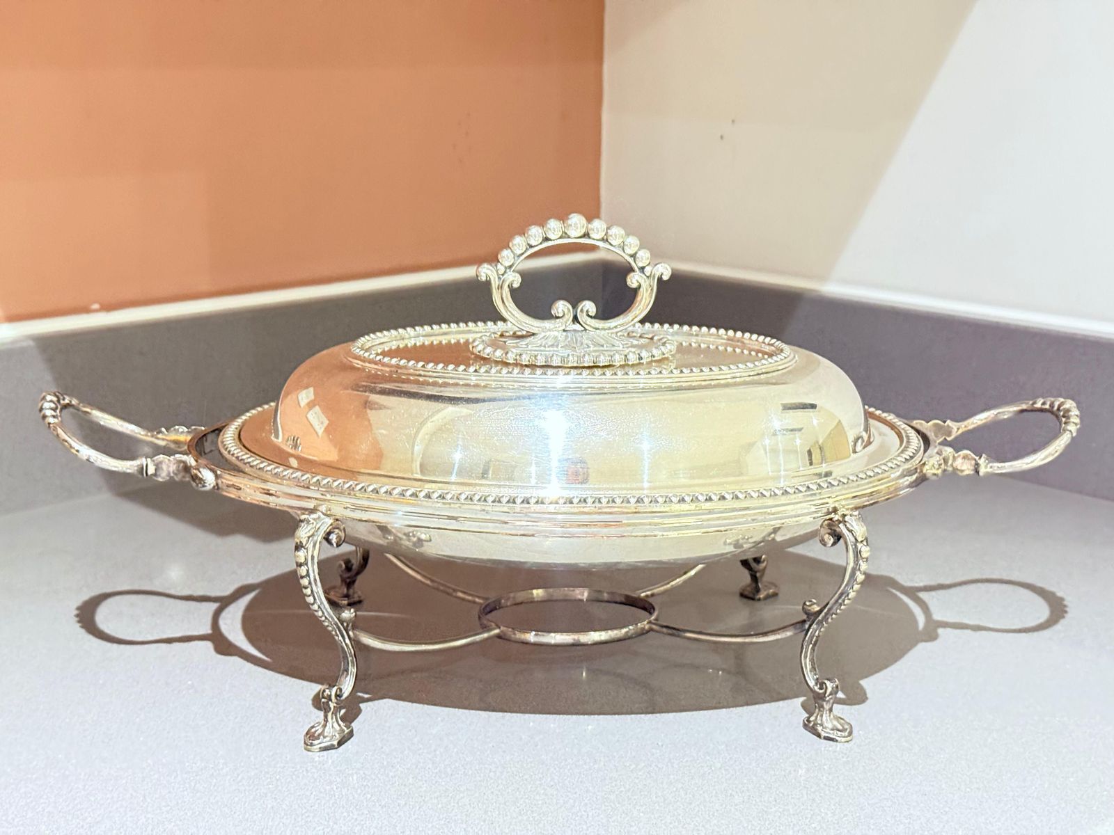 Silver Plated Lidded Serving Dish On Stand, Antique English Neoclassical Luxury photo furniture
