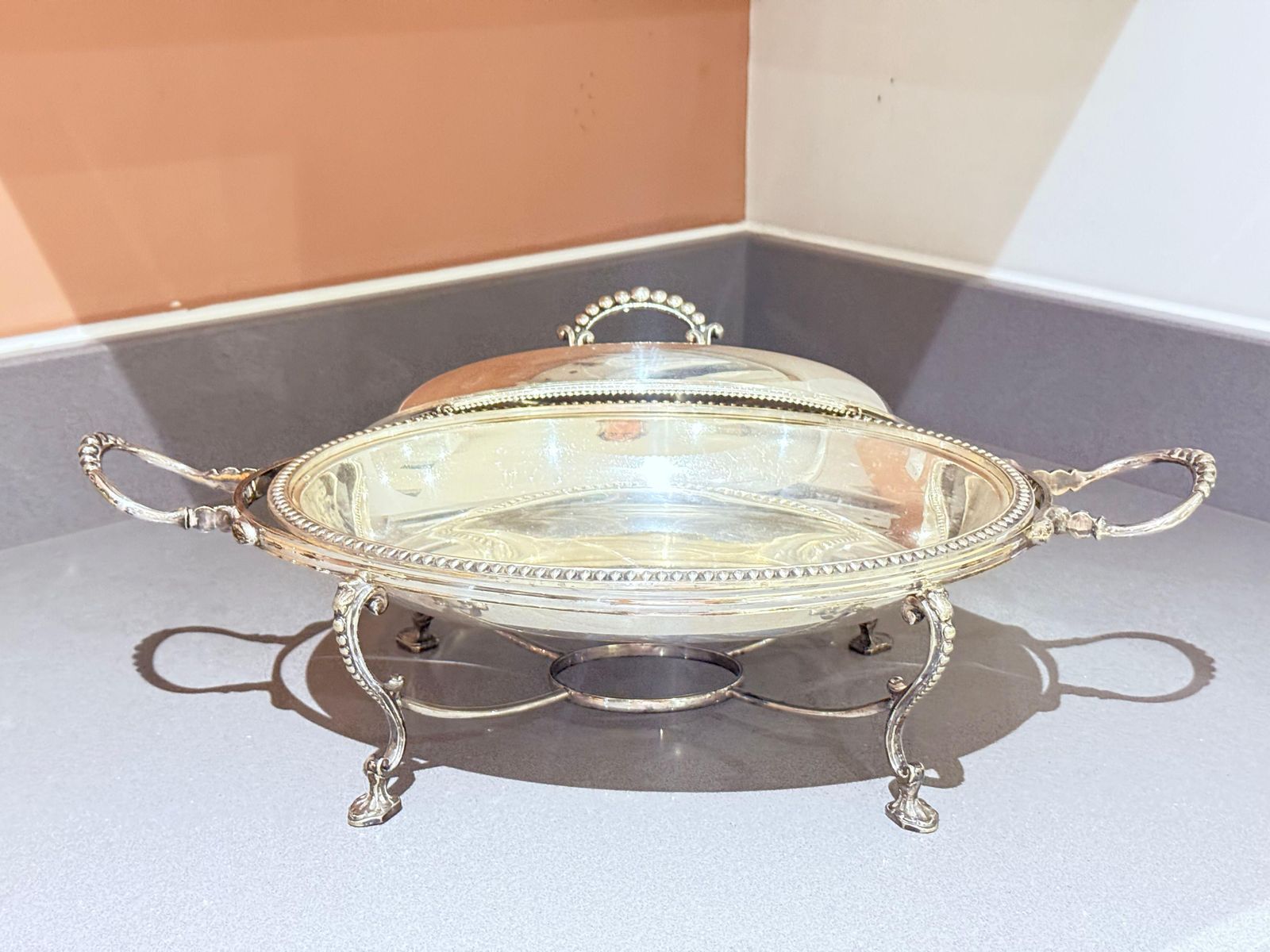 photo furniture Silver Plated Lidded Serving Dish On Stand, Antique English Neoclassical Luxury