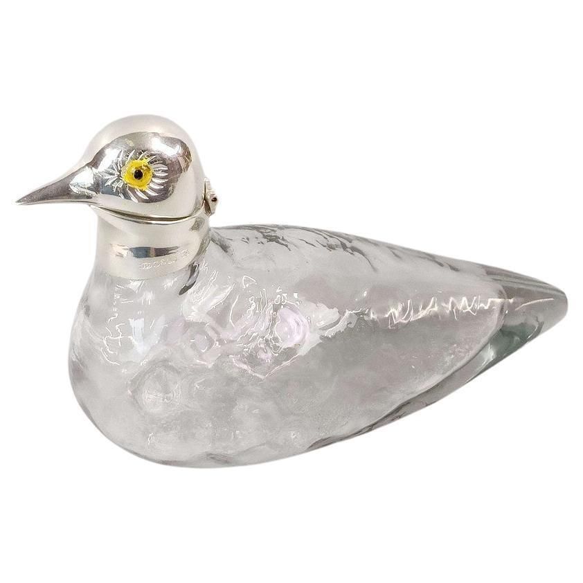Silver Mounted Glass Duck Inkwell, Antique English Art Nouveau Style Itay