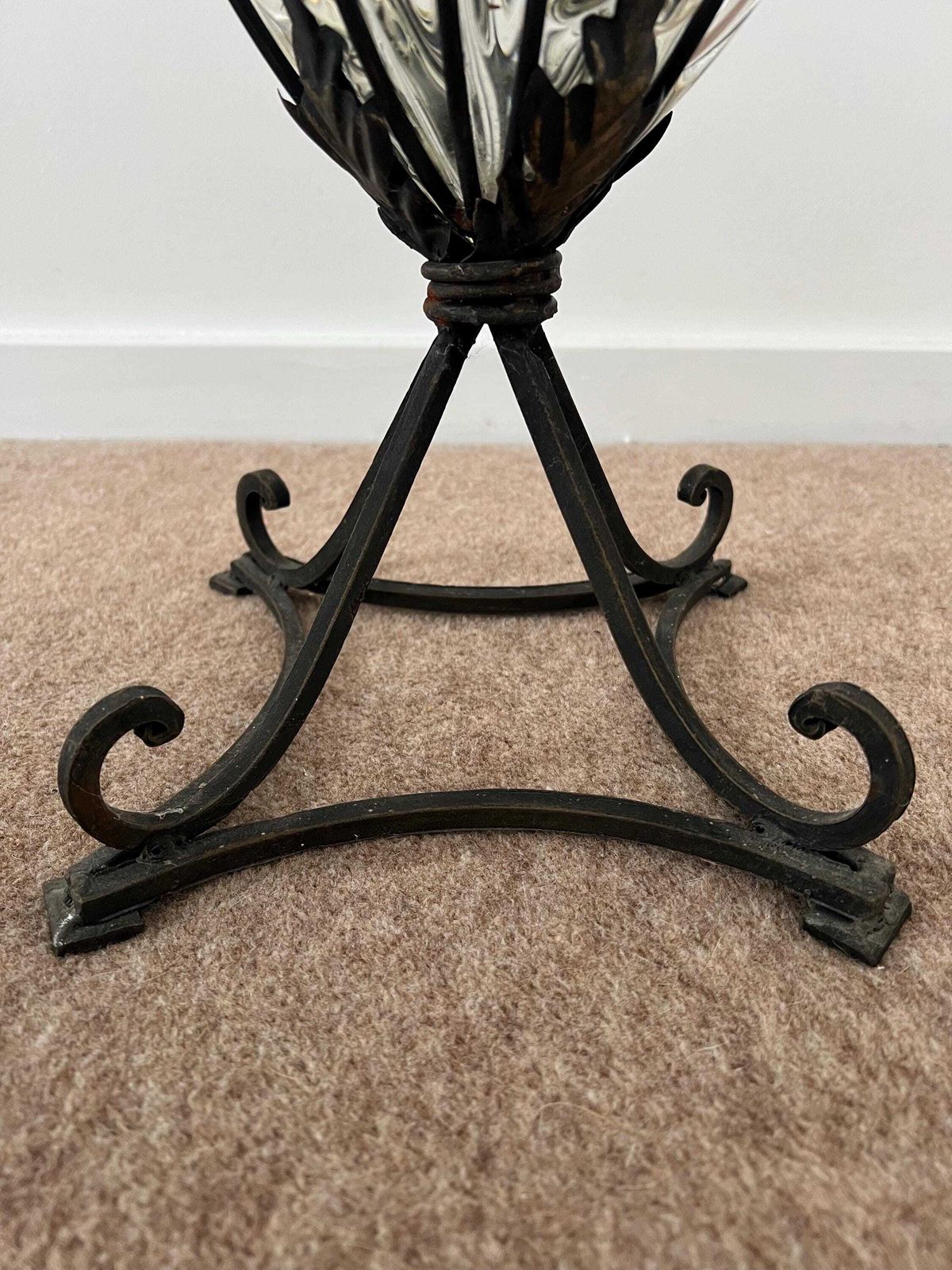 photo for sale Art Deco Caged Glass Floor Vase, Wrought Iron Stand, C1930