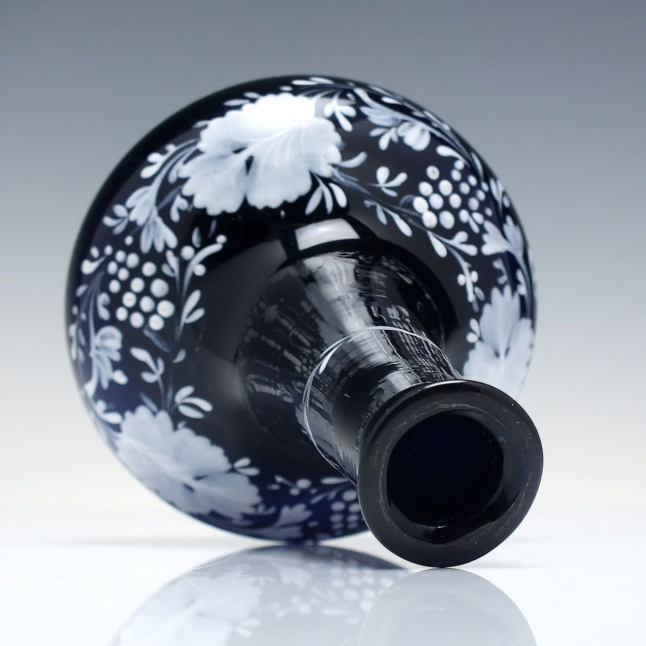 Victorian Bristol Blue Glass Stem Vase With White Enamelled Fruiting Vine C1860 photo for sale