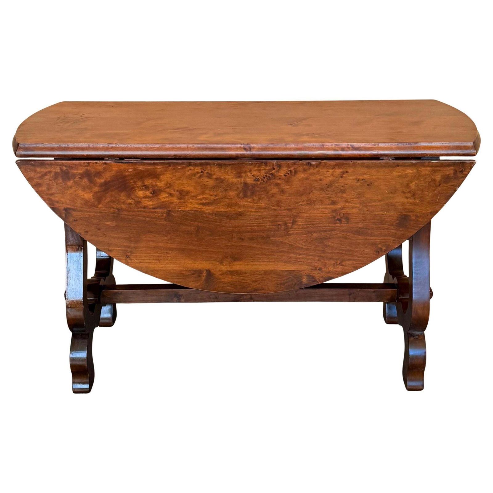 20th Century Spanish Folding Table In Walnut With Round Top And Lyre Legs