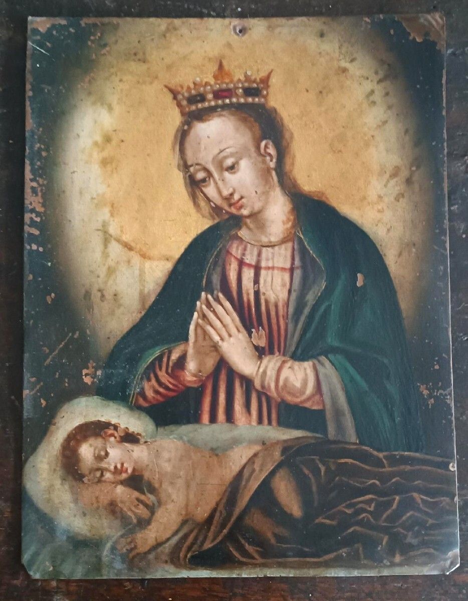 Antique Painting On Copper   17th/18th Century   Virgin And Child Asleep photo furniture