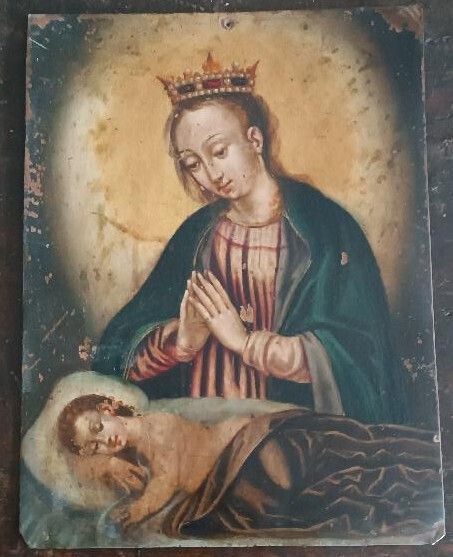 Antique Painting On Copper   17th/18th Century   Virgin And Child Asleep photo buy