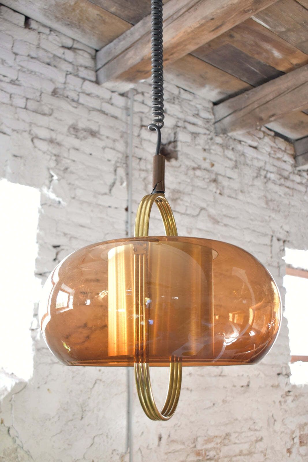 Brass And Smoked Glass Pendant Lamp By Temde, Germany 1970s photo vinterior