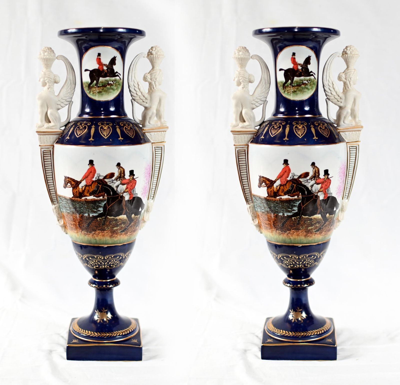 Pair French Sevres Porcelain Vases Bisque Sphinx Urns