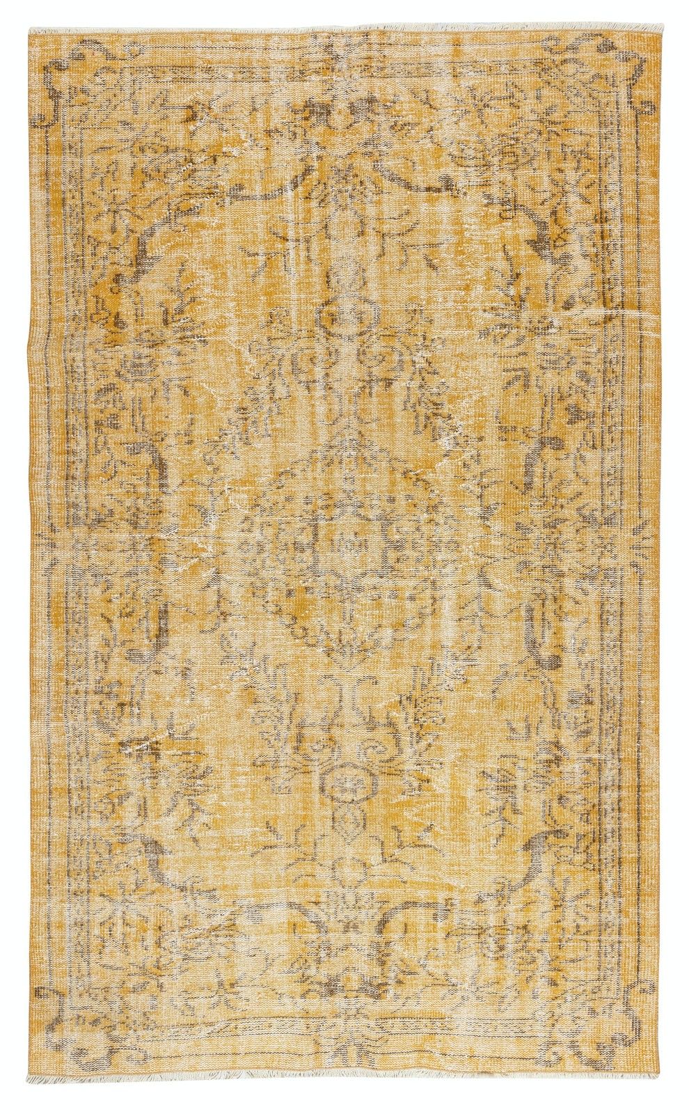 5x8 Ft Overdyed Yellow Wool Rug. Handmade Turkish Vintage Rug For Living Room