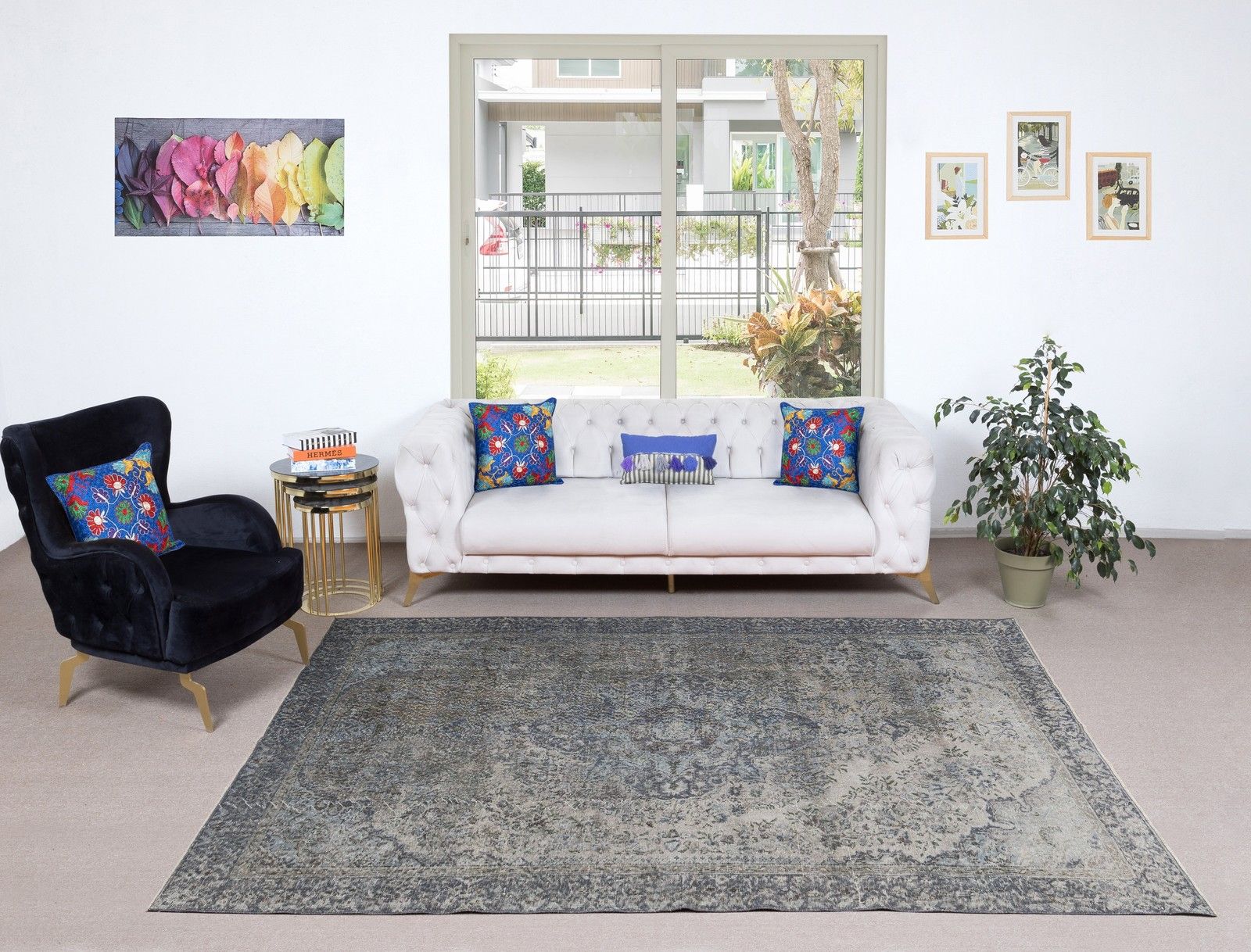 6.5x9.6 Ft Vintage Handmade Turkish Rug Overdyed In Blue For Modern Interiors photo furniture