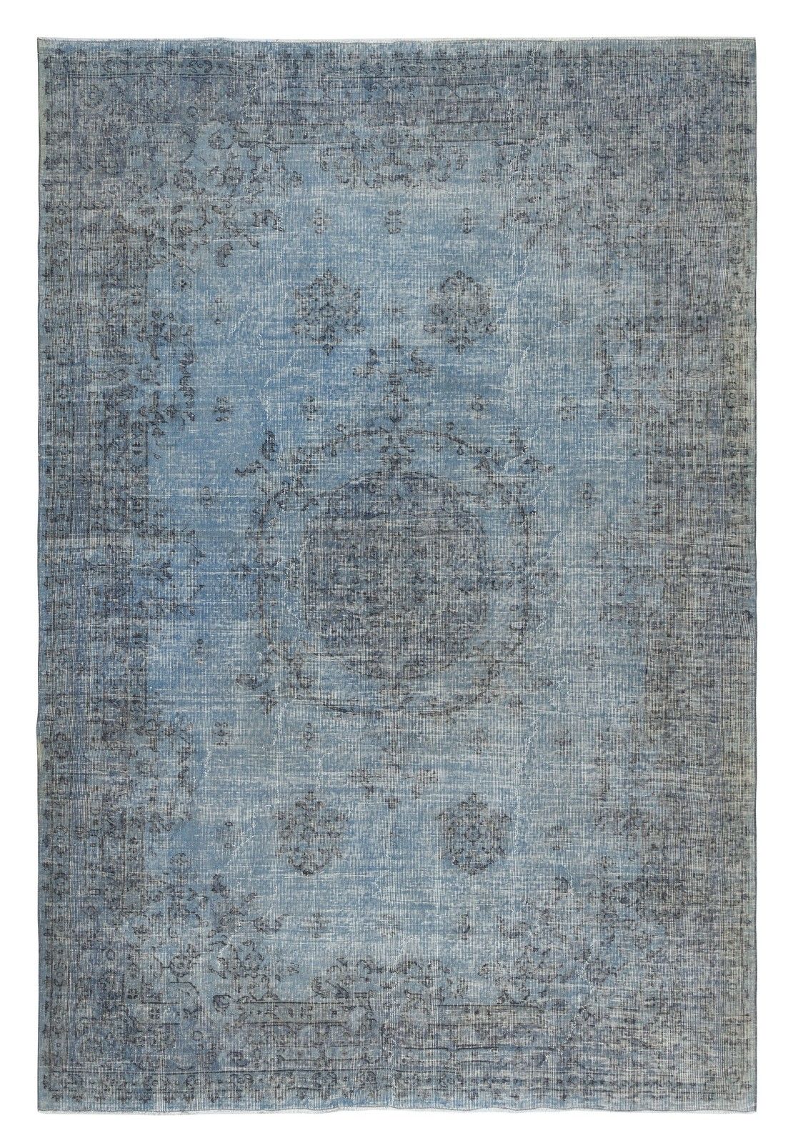 6.8x10.2 Ft Vintage Turkish Wool Area Rug Overdyed In Blue For Modern Interiors