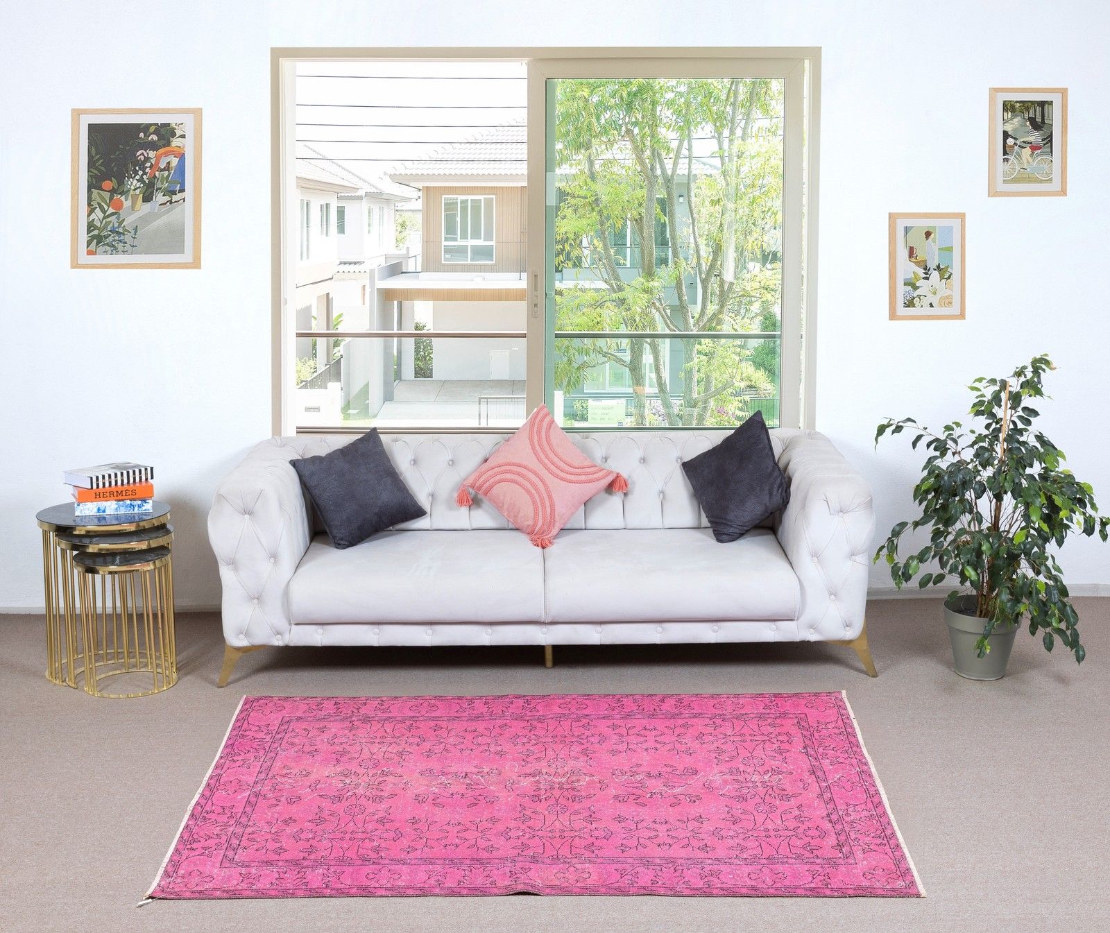 4x7 Ft Overdyed Pink Wool Rug. Handmade Turkish Vintage Area Rug For Living Room photo furniture