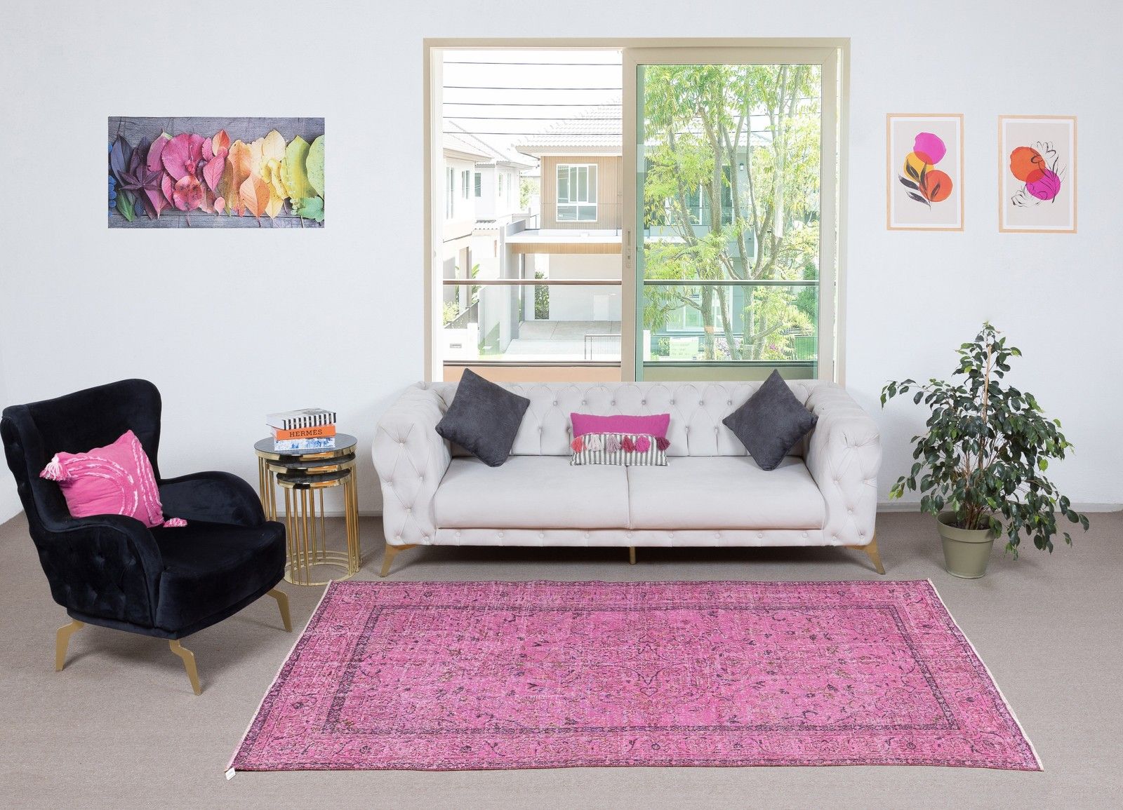 5x9.2 Ft Hand Knotted Vintage Turkish Rug Overdyed In Pink For Modern Interiors photo furniture