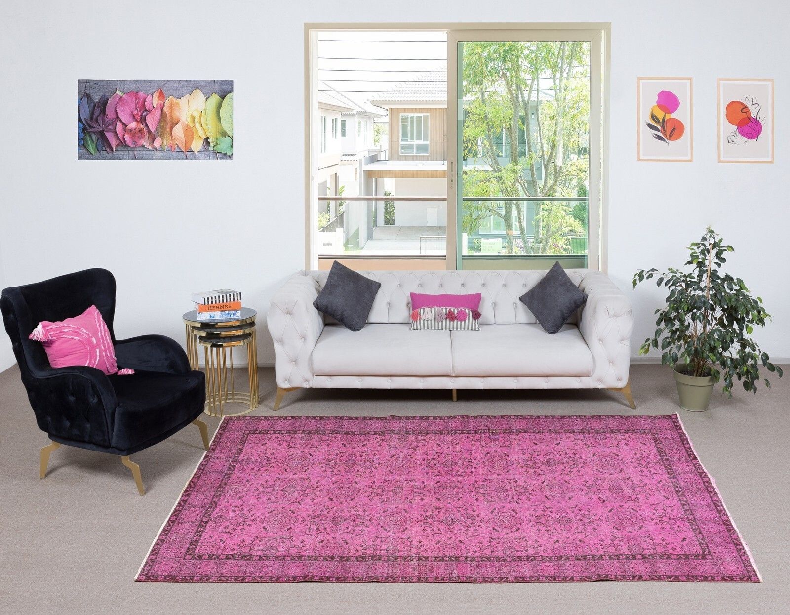 5.6x9.7 Ft Modern Pink Turkish Rug. Vintage Handmade Wool Area Rug photo furniture