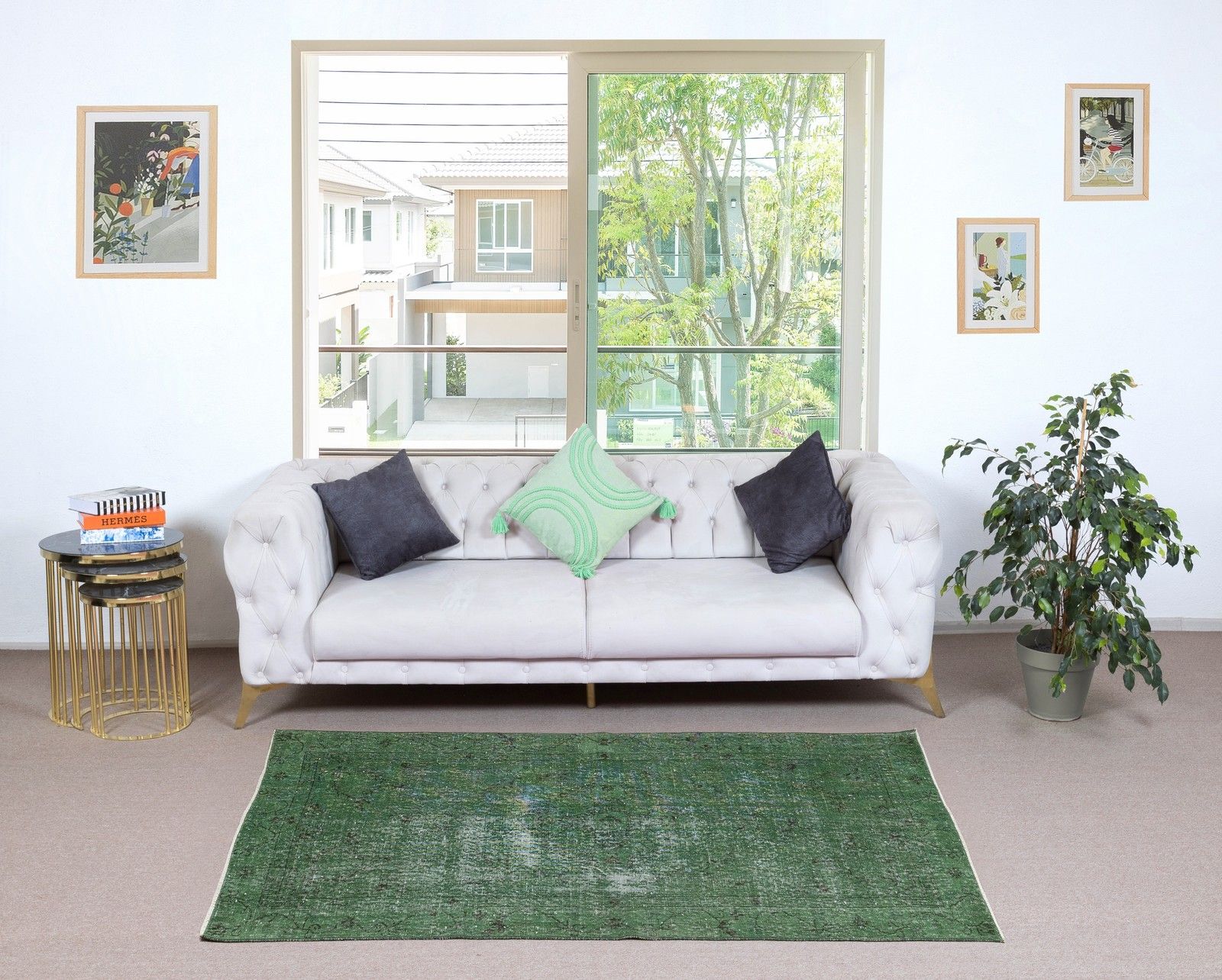 3.7x6.8 Ft Handmade Vintage Turkish Rug Overdyed In Green For Modern Interiors photo furniture