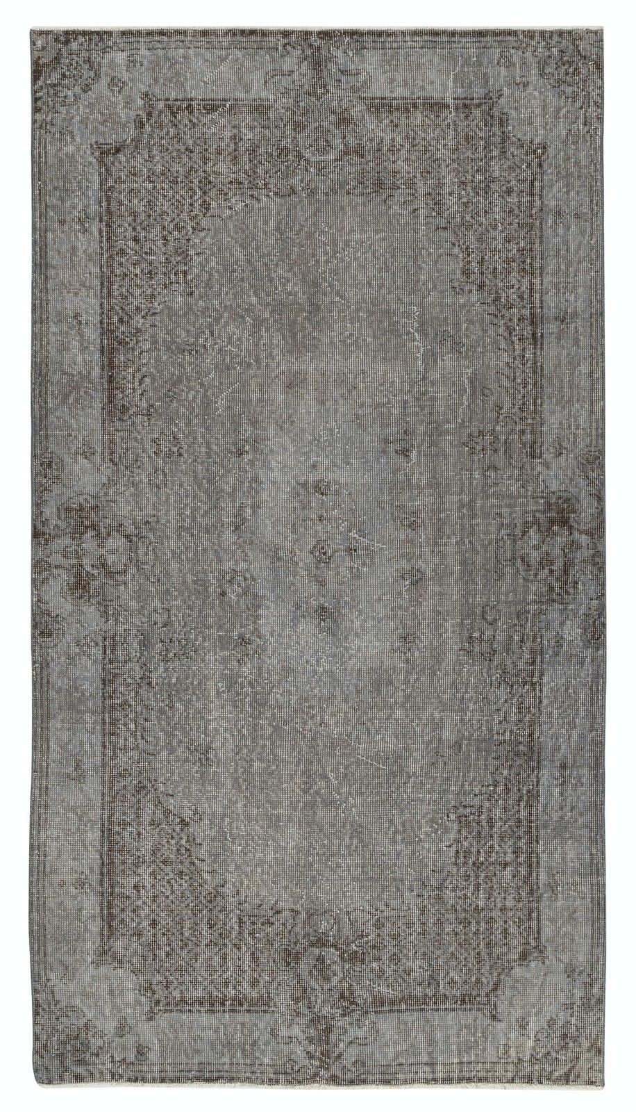 3.8x7 Ft Gray Overdyed Vintage Turkish Rug. Hand Knotted Carpet For Modern Home