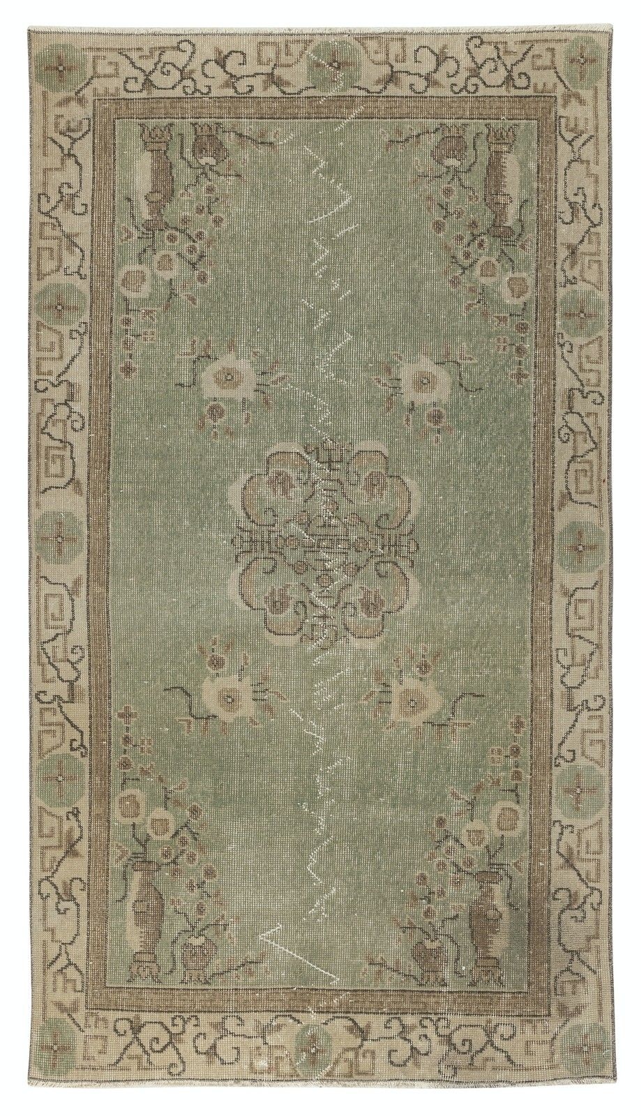 3.7x6.7 Ft Vintage Green Rug With Chinese Art Deco Design. Handknotted In Turkey
